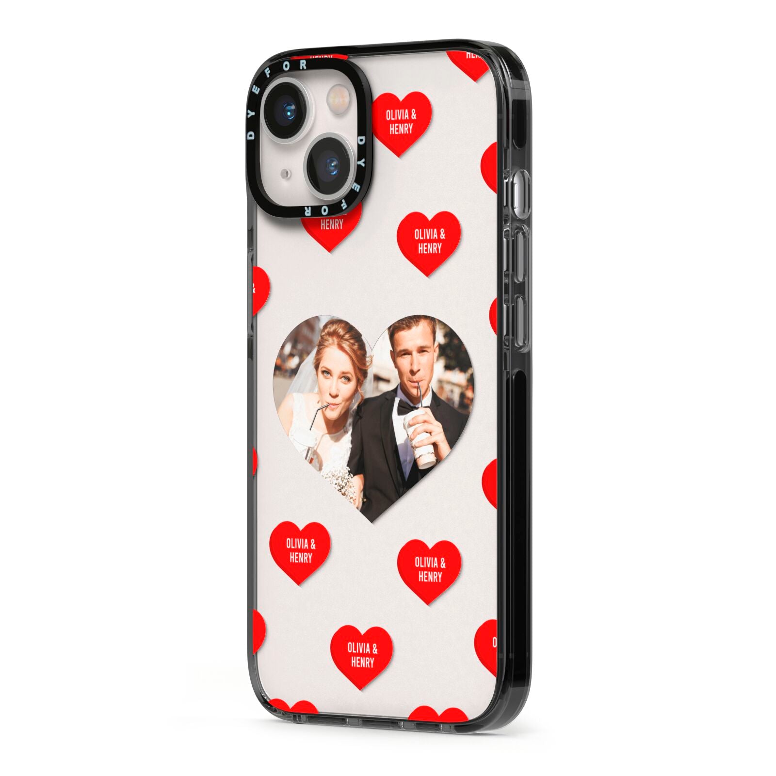 Valentines Day Photo Upload iPhone 13 Black Impact Case Side Angle on Silver phone