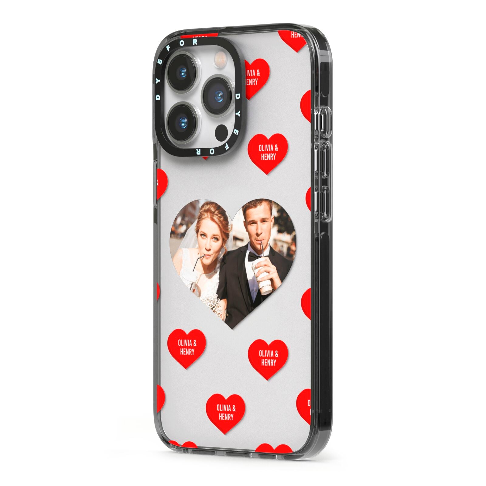 Valentines Day Photo Upload iPhone 13 Pro Black Impact Case Side Angle on Silver phone