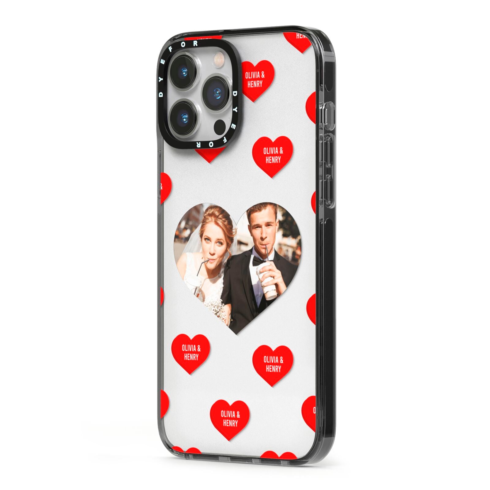 Valentines Day Photo Upload iPhone 13 Pro Max Black Impact Case Side Angle on Silver phone