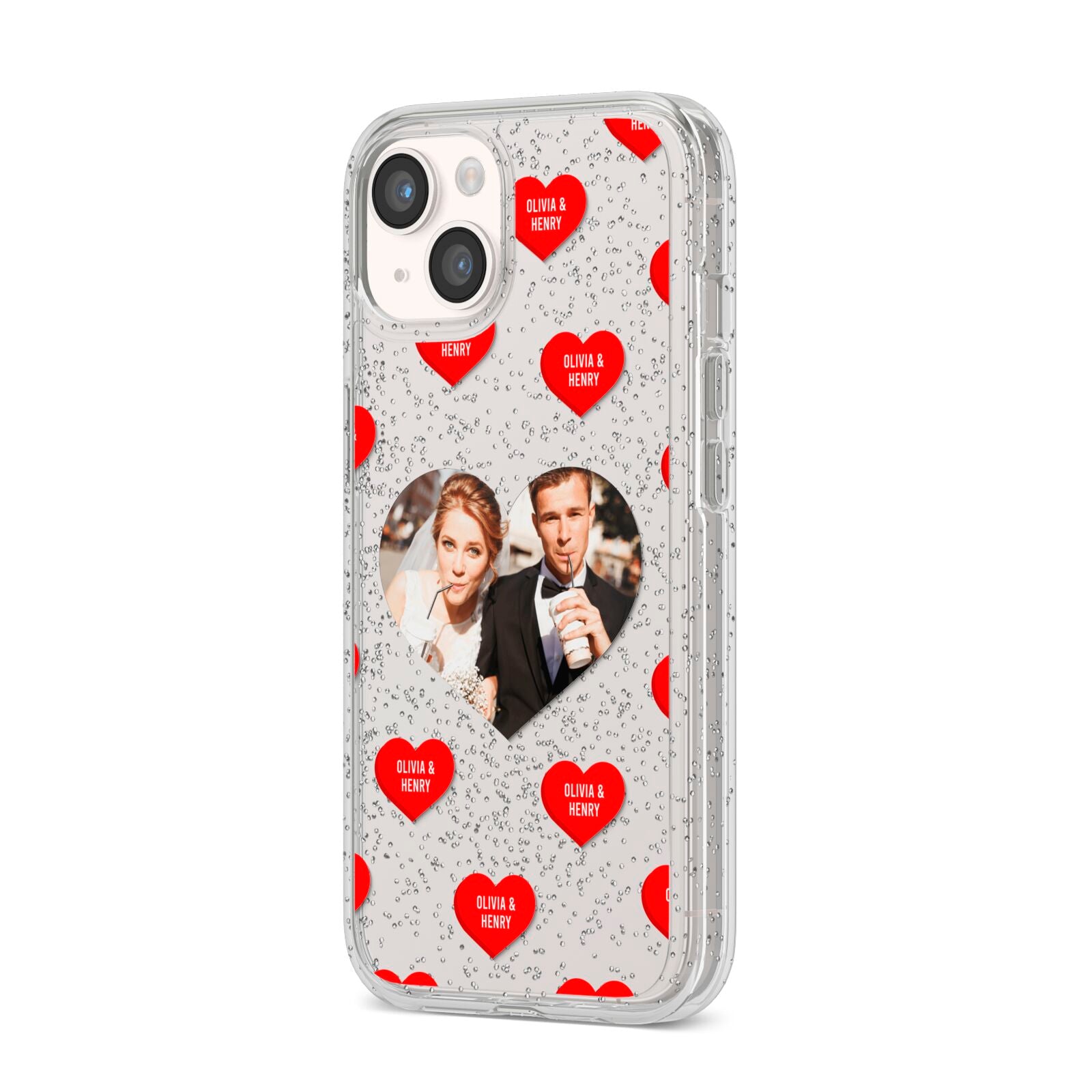 Valentines Day Photo Upload iPhone 14 Glitter Tough Case Starlight Angled Image