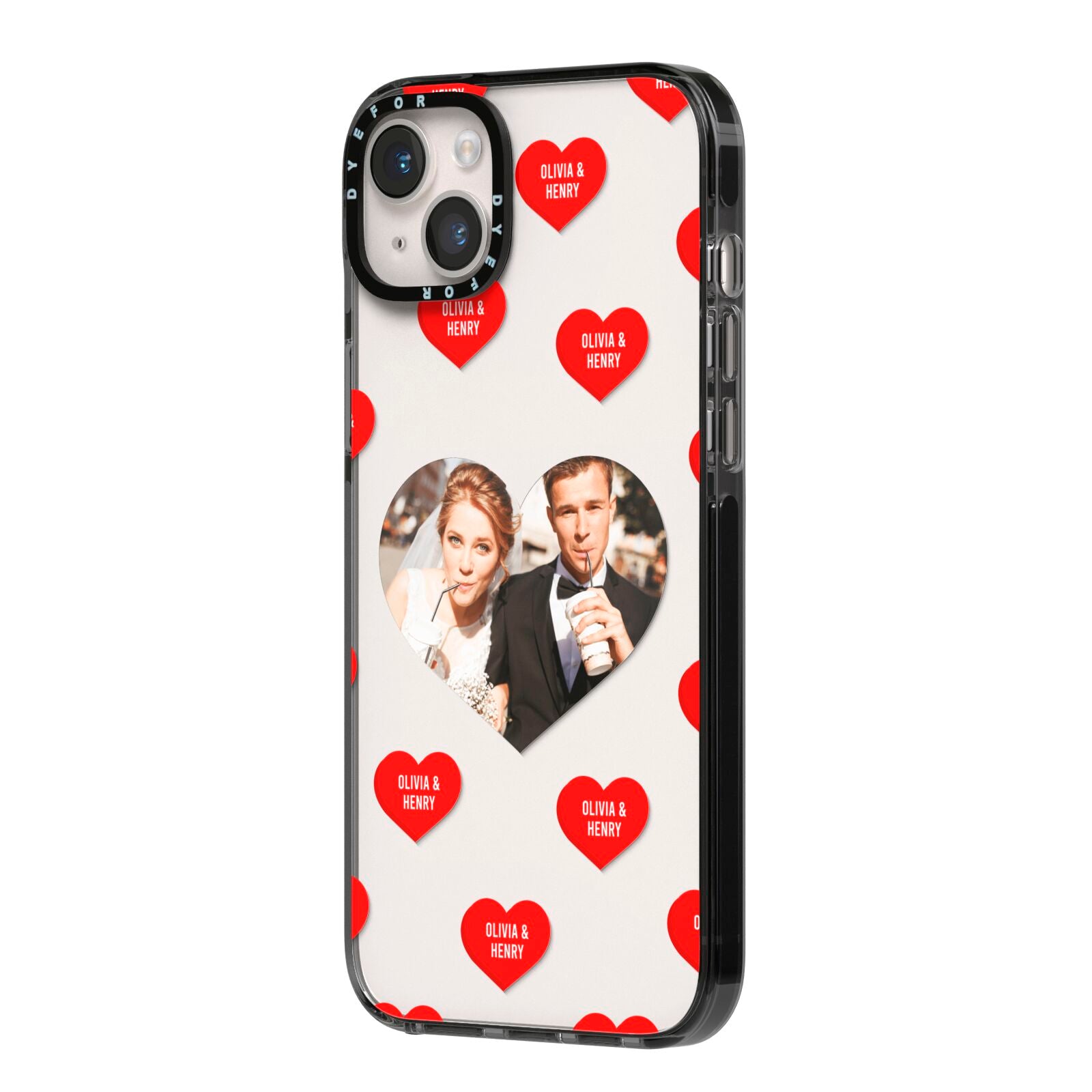 Valentines Day Photo Upload iPhone 14 Plus Black Impact Case Side Angle on Silver phone