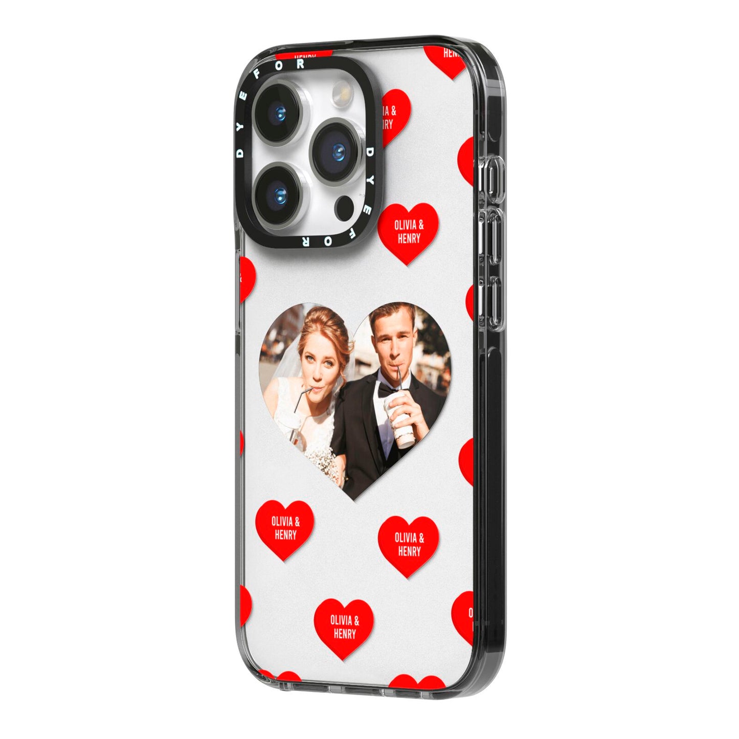 Valentines Day Photo Upload iPhone 14 Pro Black Impact Case Side Angle on Silver phone