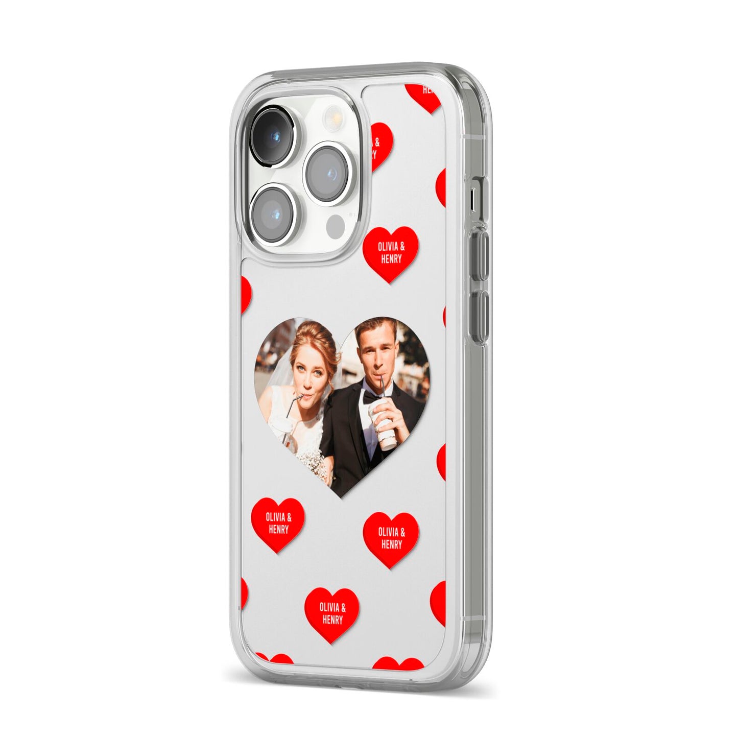 Valentines Day Photo Upload iPhone 14 Pro Clear Tough Case Silver Angled Image