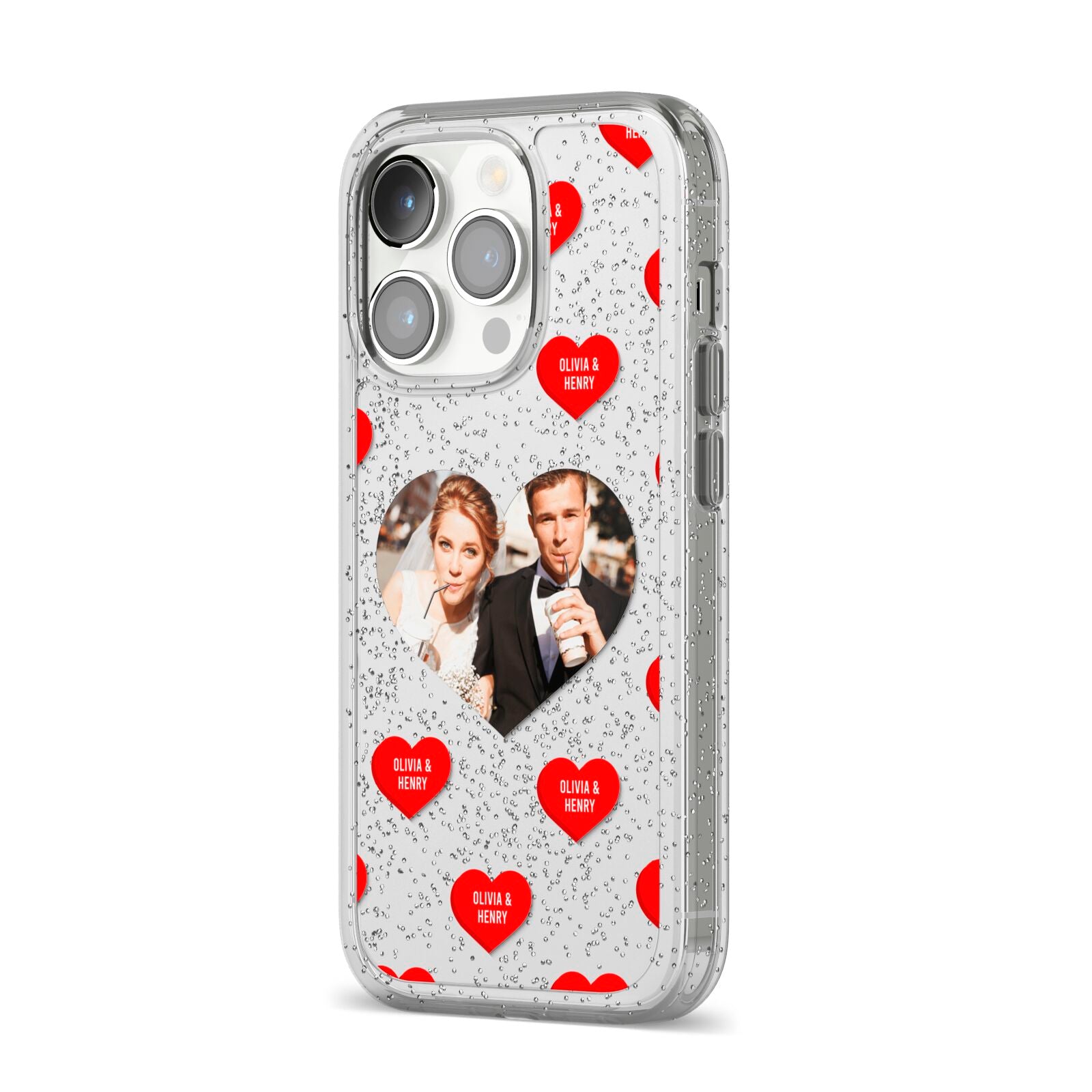 Valentines Day Photo Upload iPhone 14 Pro Glitter Tough Case Silver Angled Image