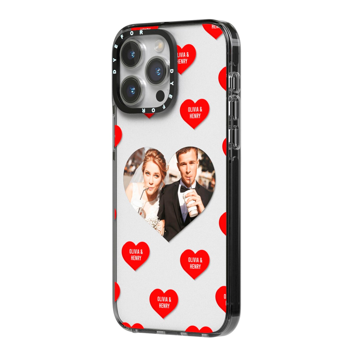 Valentines Day Photo Upload iPhone 14 Pro Max Black Impact Case Side Angle on Silver phone