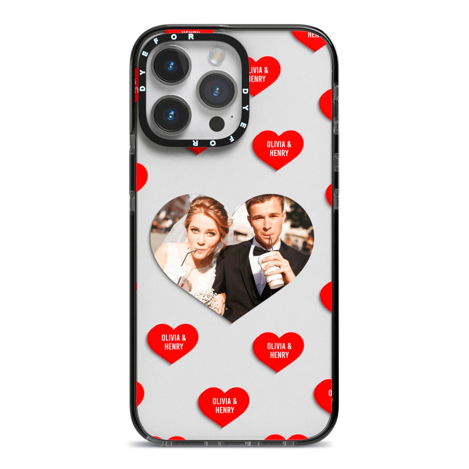 Valentines Day Photo Upload iPhone 14 Pro Max Black Impact Case on Silver phone