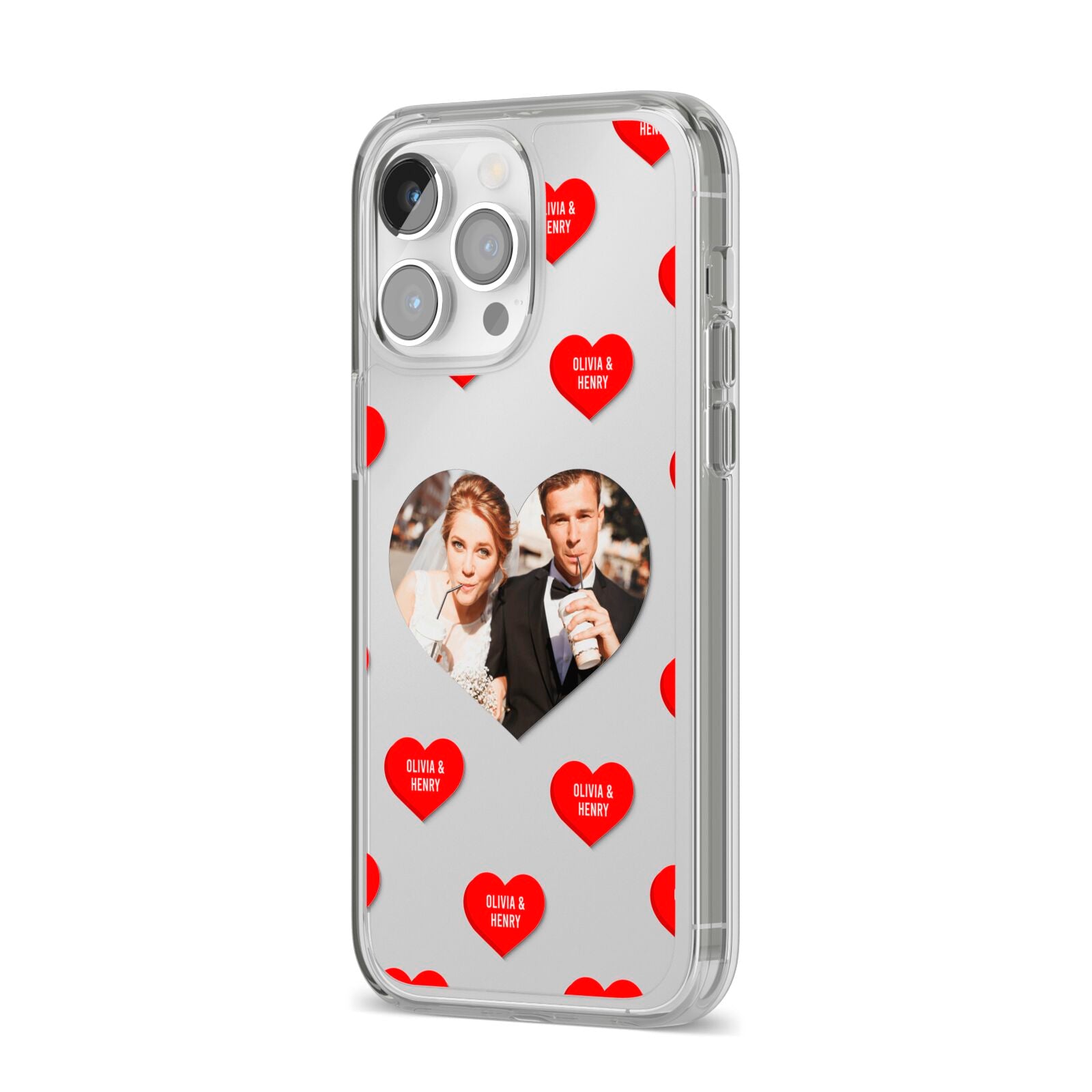 Valentines Day Photo Upload iPhone 14 Pro Max Clear Tough Case Silver Angled Image