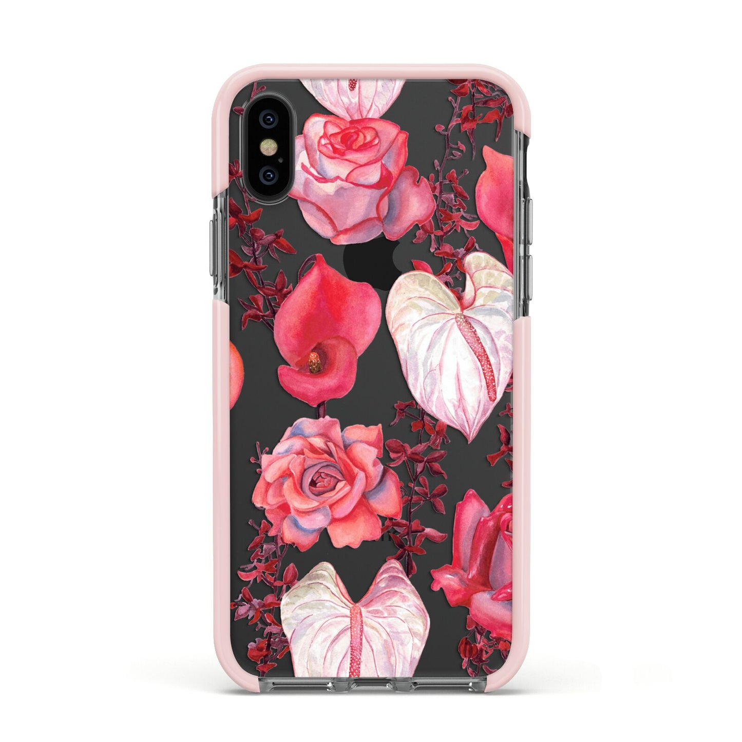 Valentines Flowers Apple iPhone Xs Impact Case Pink Edge on Black Phone