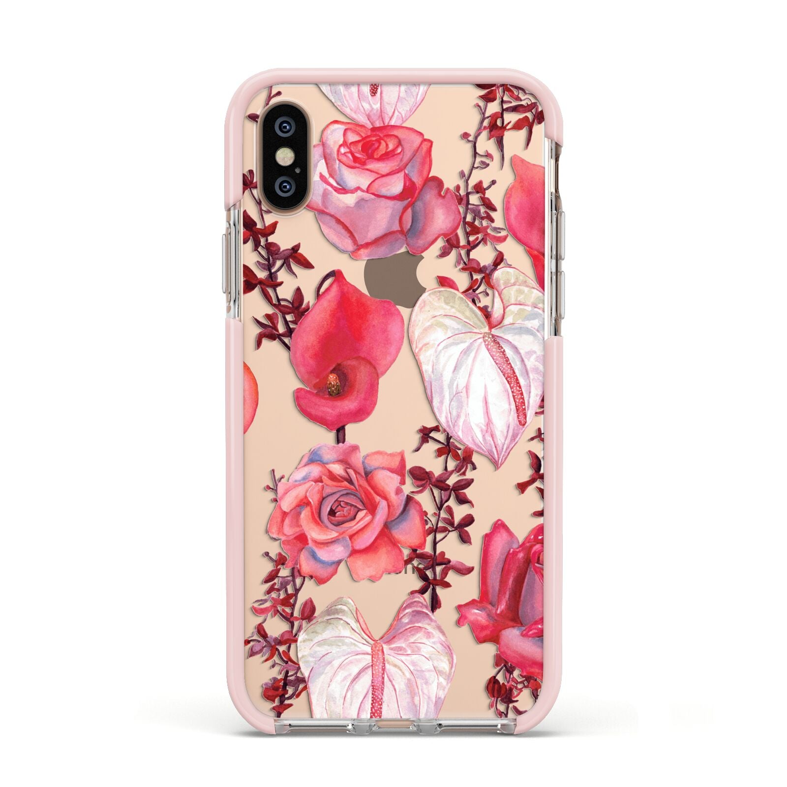 Valentines Flowers Apple iPhone Xs Impact Case Pink Edge on Gold Phone