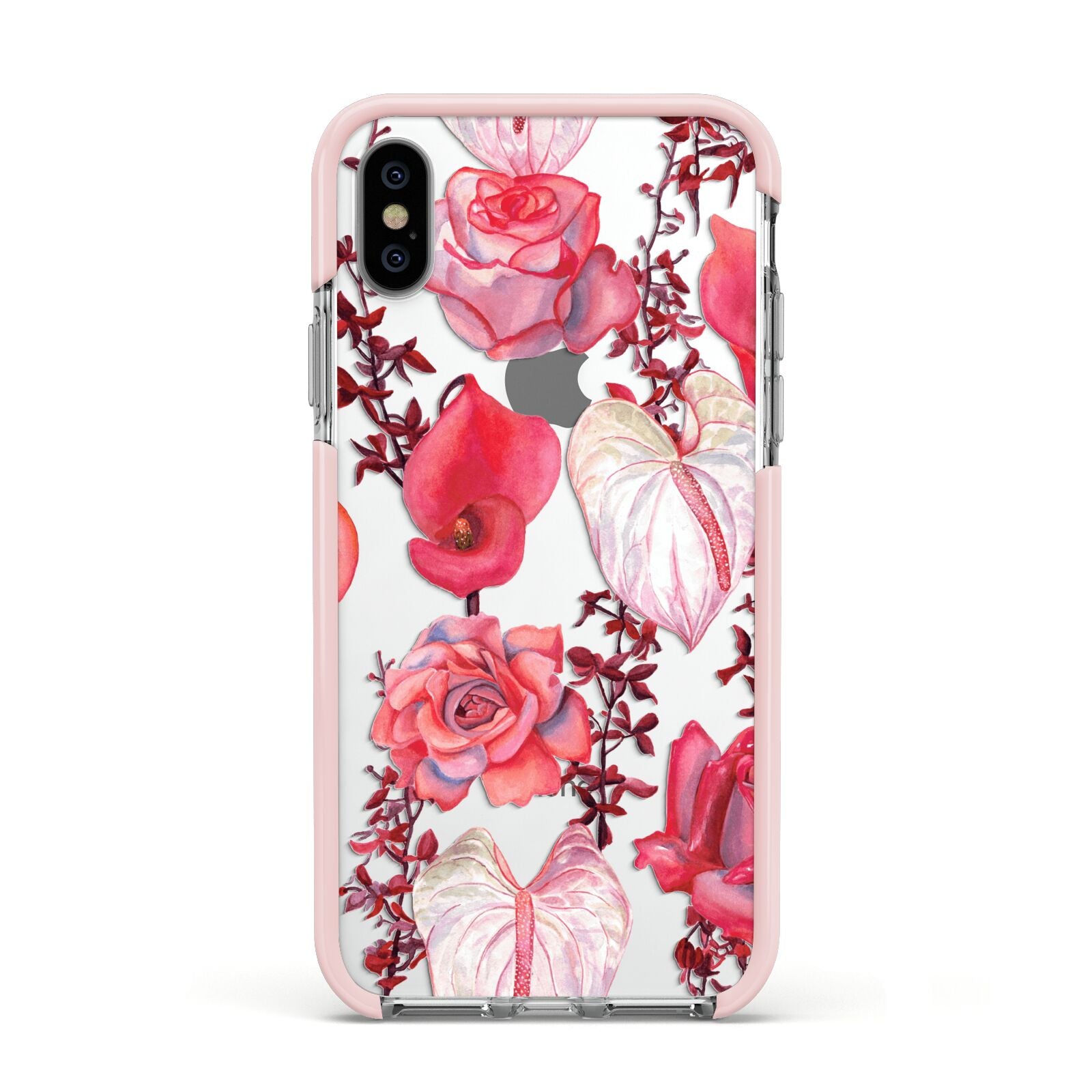 Valentines Flowers Apple iPhone Xs Impact Case Pink Edge on Silver Phone