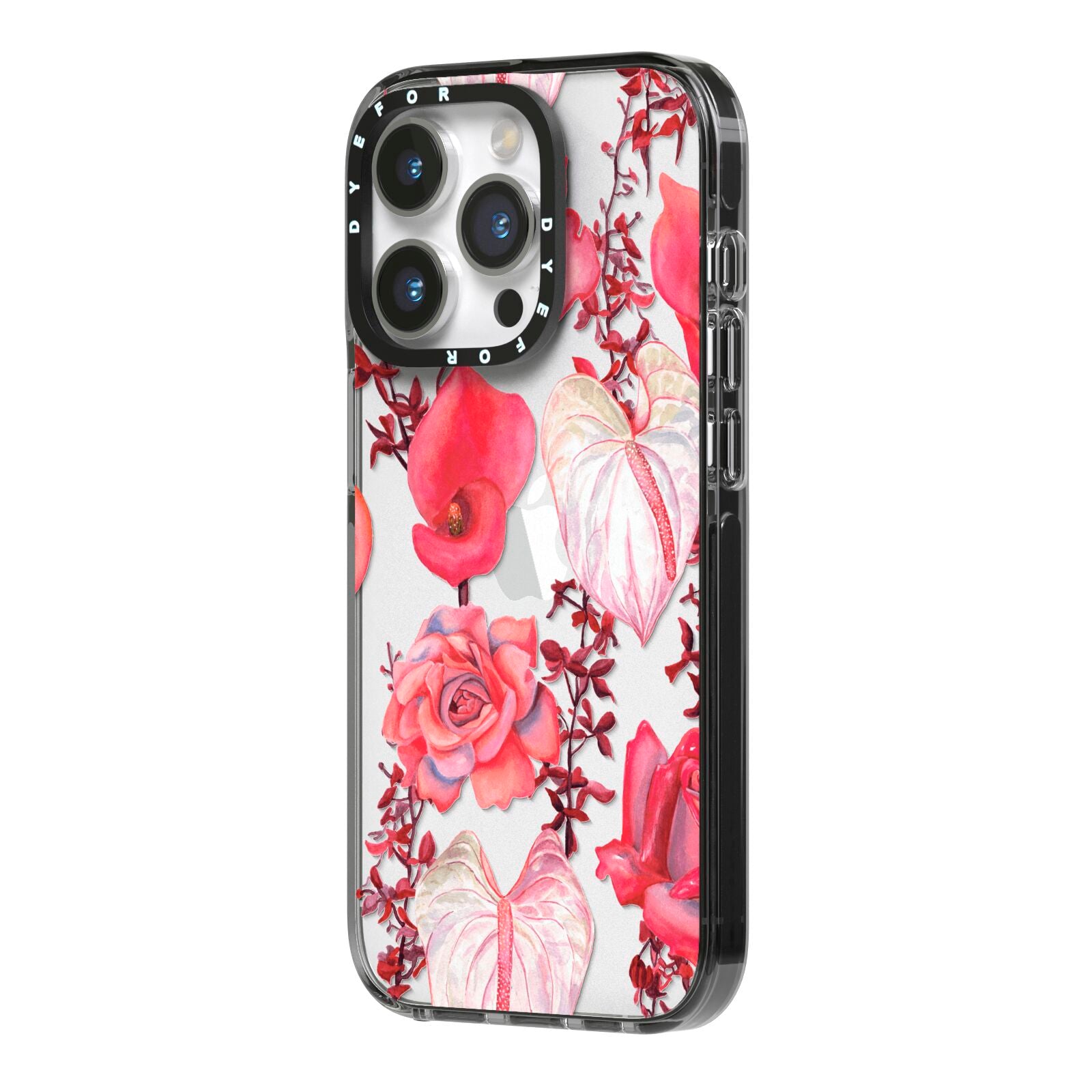 Valentines Flowers iPhone 14 Pro Black Impact Case Side Angle on Silver phone