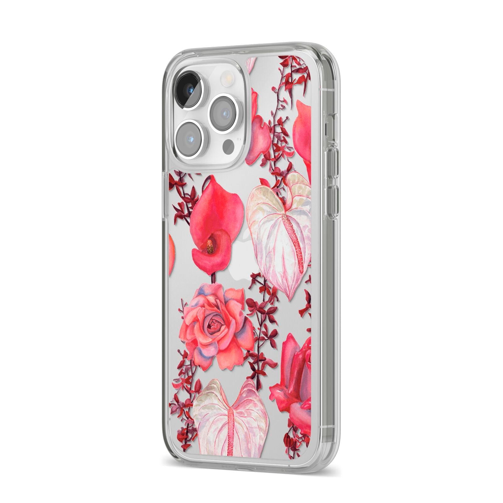 Valentines Flowers iPhone 14 Pro Max Clear Tough Case Silver Angled Image