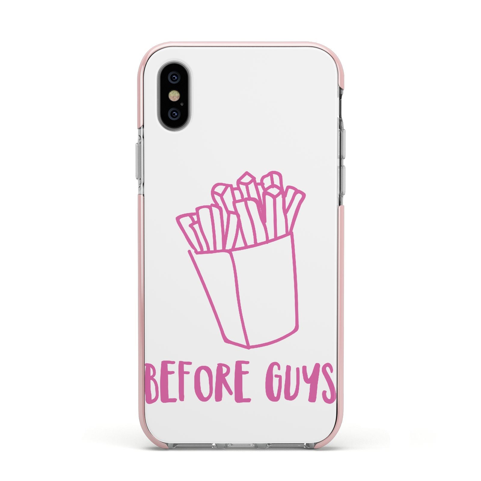 Valentines Fries Before Guys Apple iPhone Xs Impact Case Pink Edge on Silver Phone