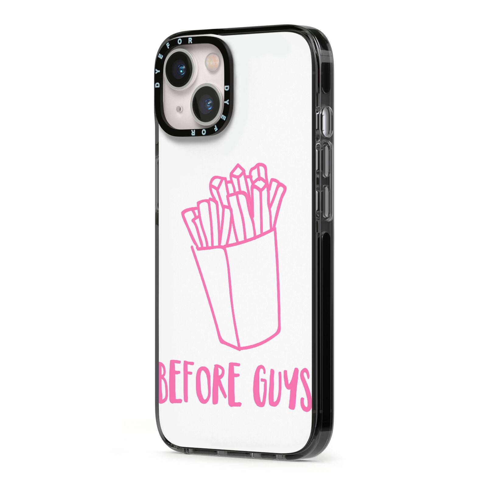 Valentines Fries Before Guys iPhone 13 Black Impact Case Side Angle on Silver phone
