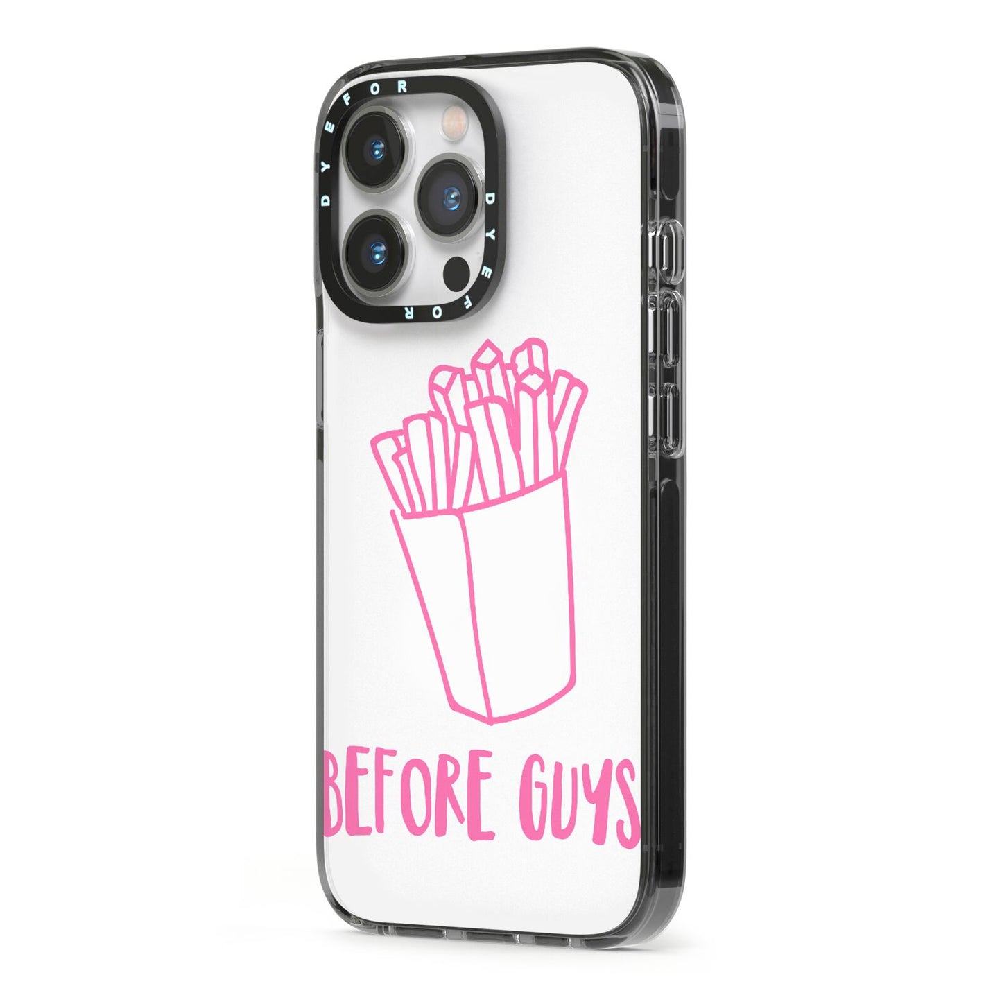 Valentines Fries Before Guys iPhone 13 Pro Black Impact Case Side Angle on Silver phone