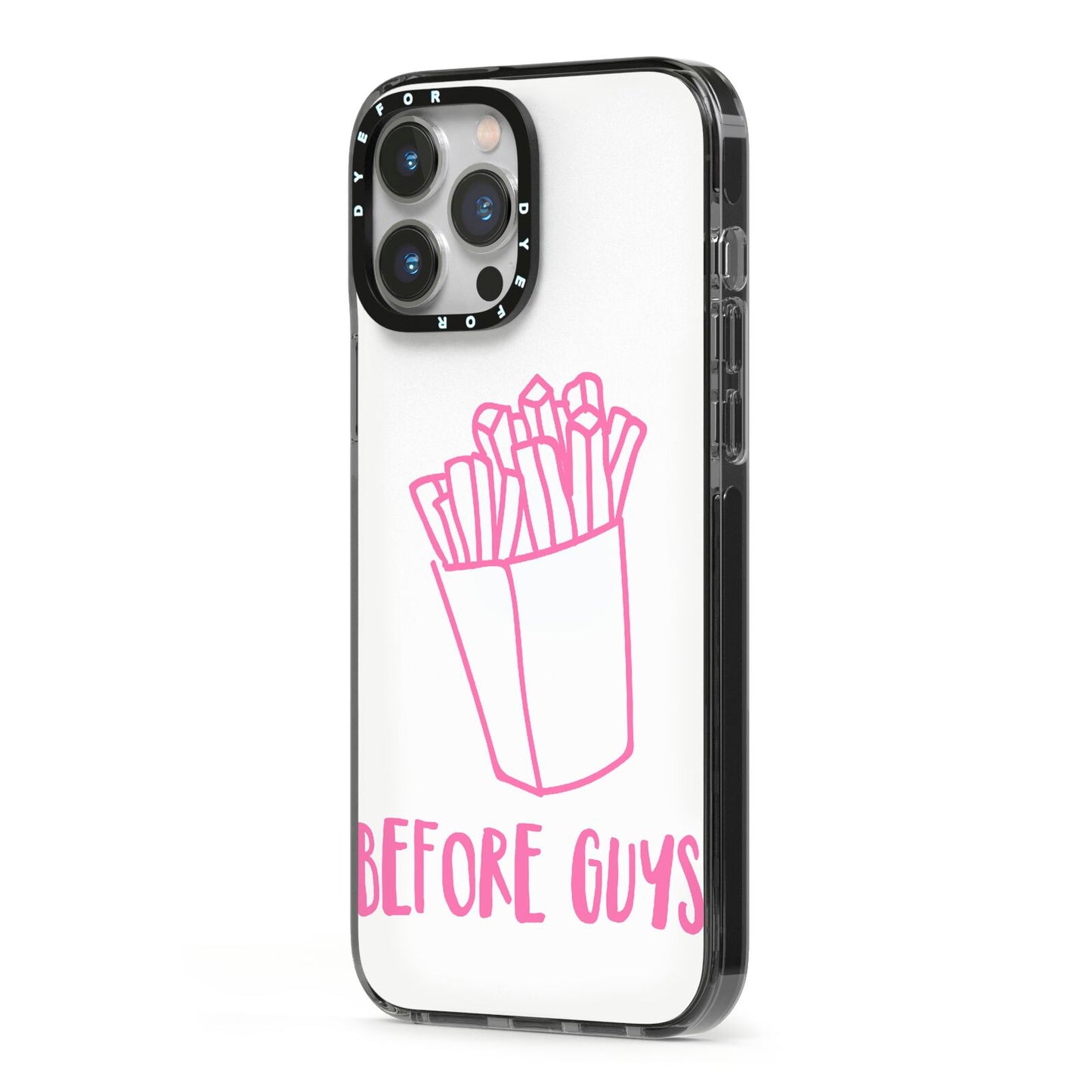 Valentines Fries Before Guys iPhone 13 Pro Max Black Impact Case Side Angle on Silver phone