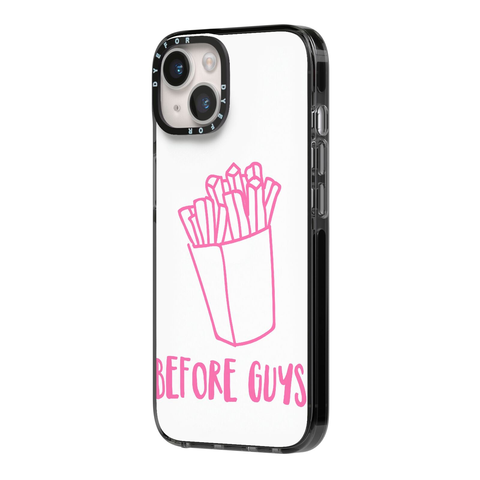Valentines Fries Before Guys iPhone 14 Black Impact Case Side Angle on Silver phone