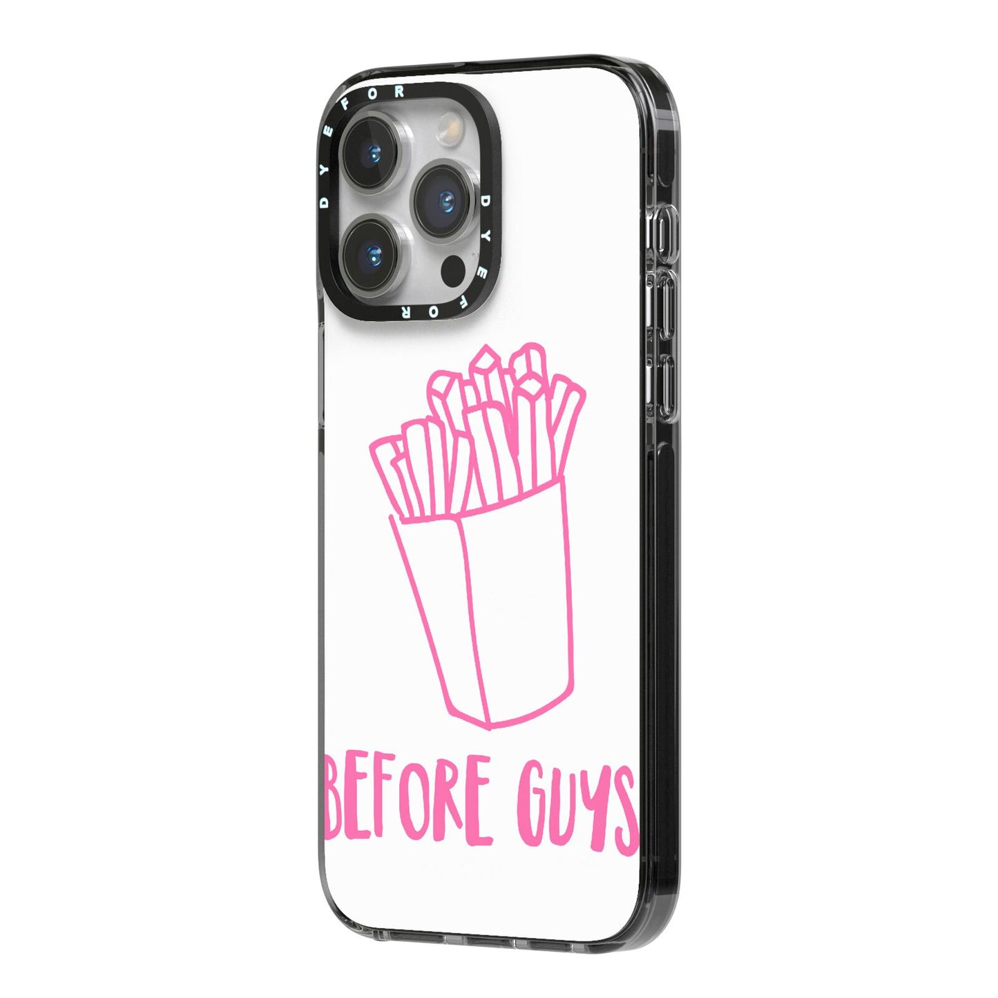 Valentines Fries Before Guys iPhone 14 Pro Max Black Impact Case Side Angle on Silver phone