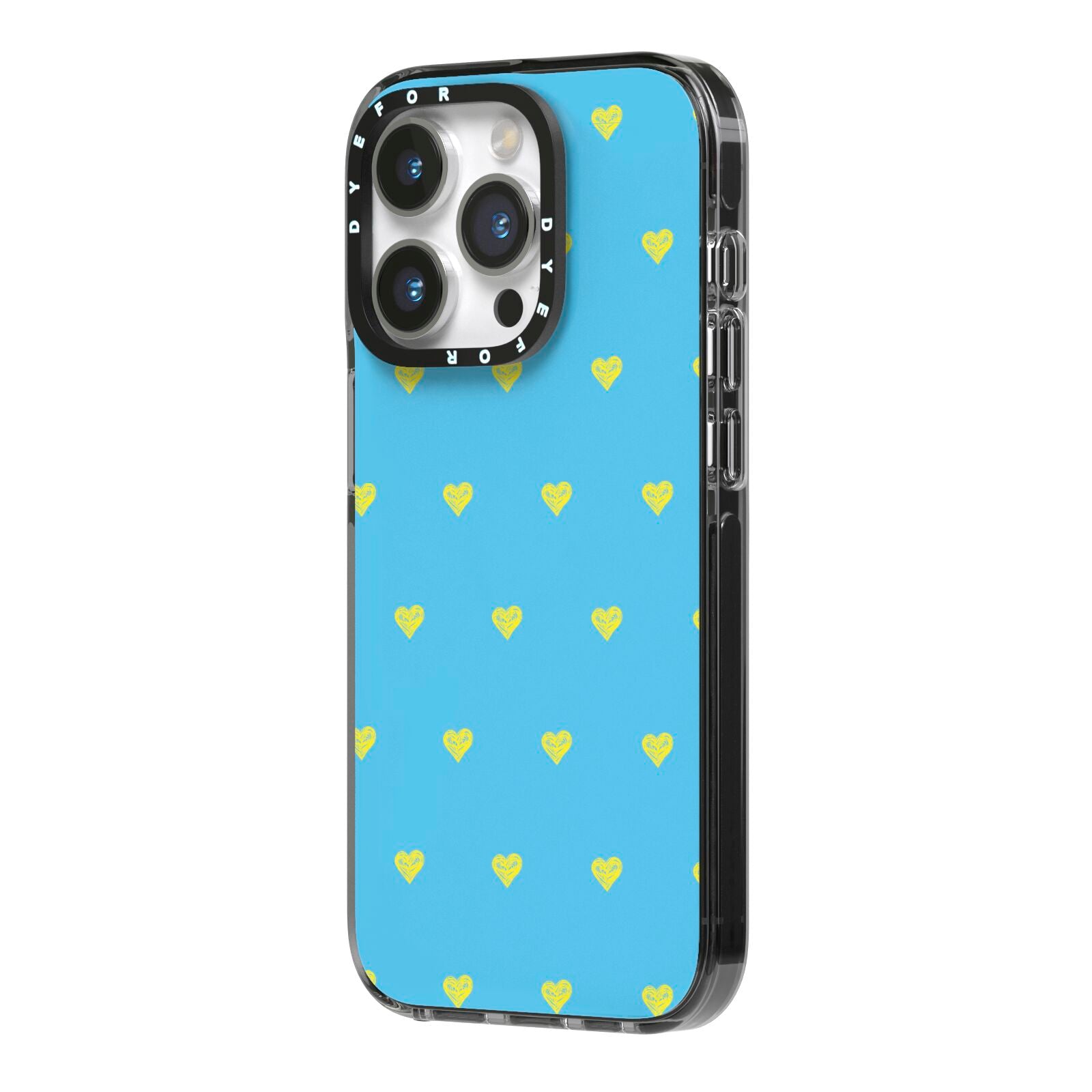 Valentines Hearts Polka Dot iPhone 14 Pro Black Impact Case Side Angle on Silver phone