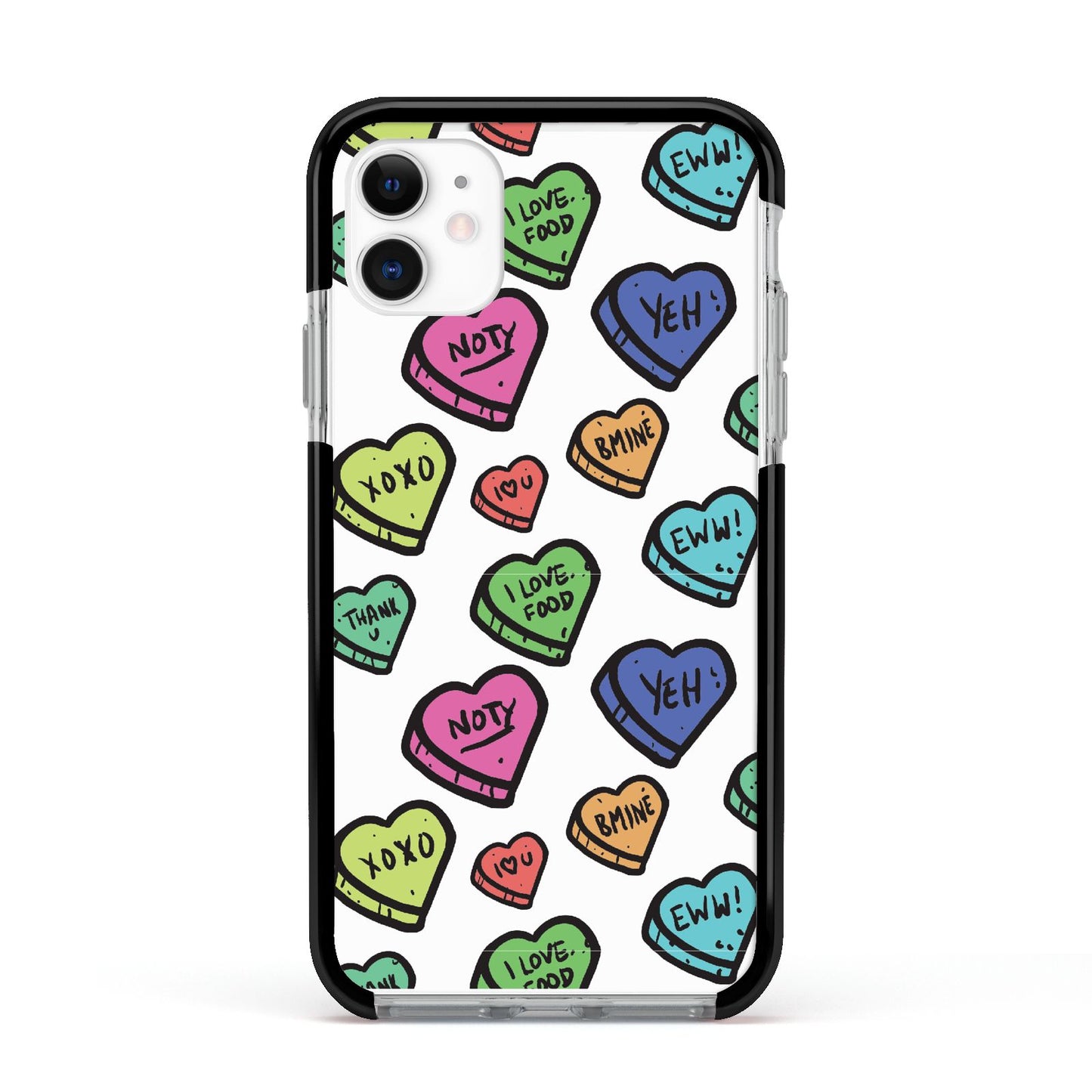 Valentines Love Heart Sweets Apple iPhone 11 in White with Black Impact Case