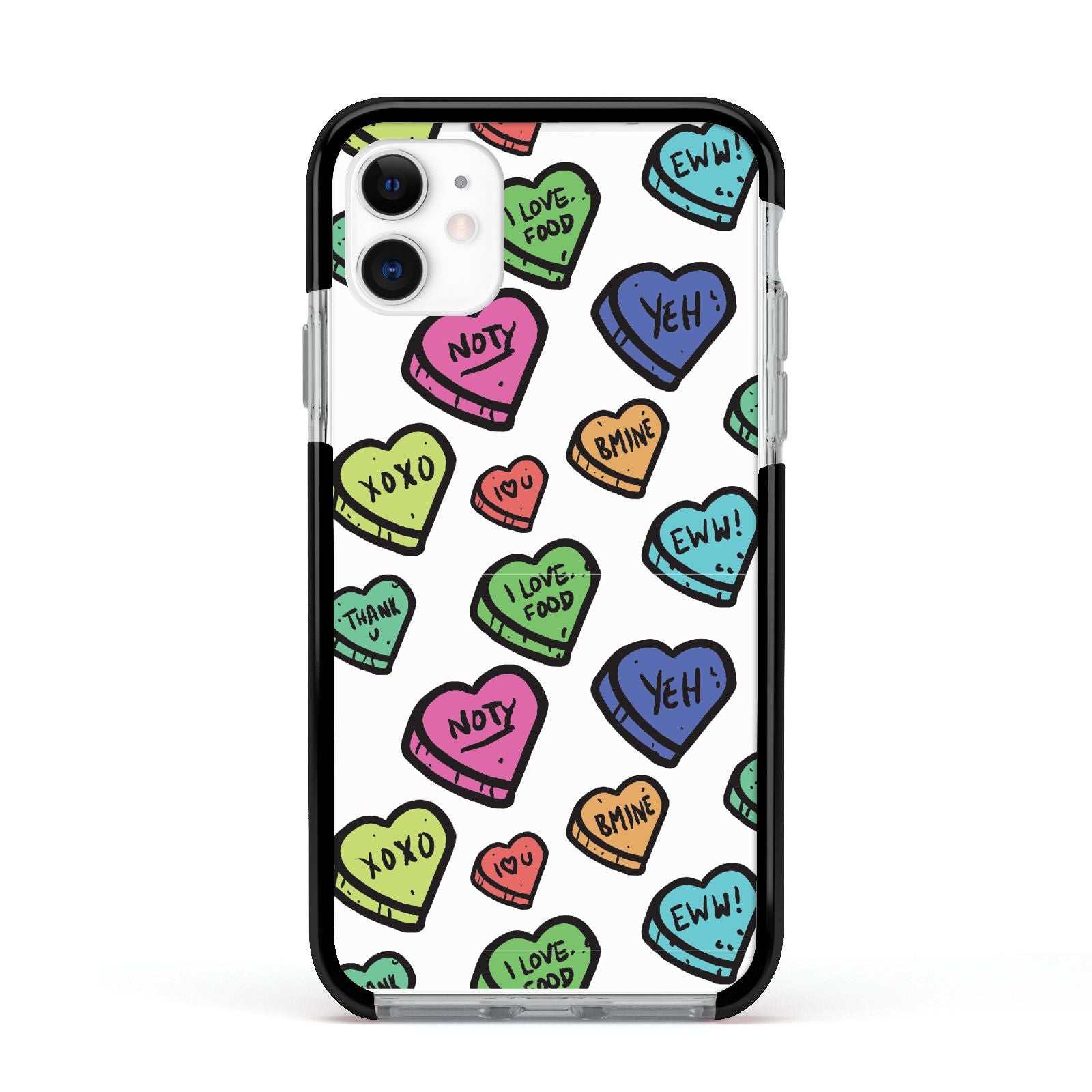Valentines Love Heart Sweets Apple iPhone 11 in White with Black Impact Case