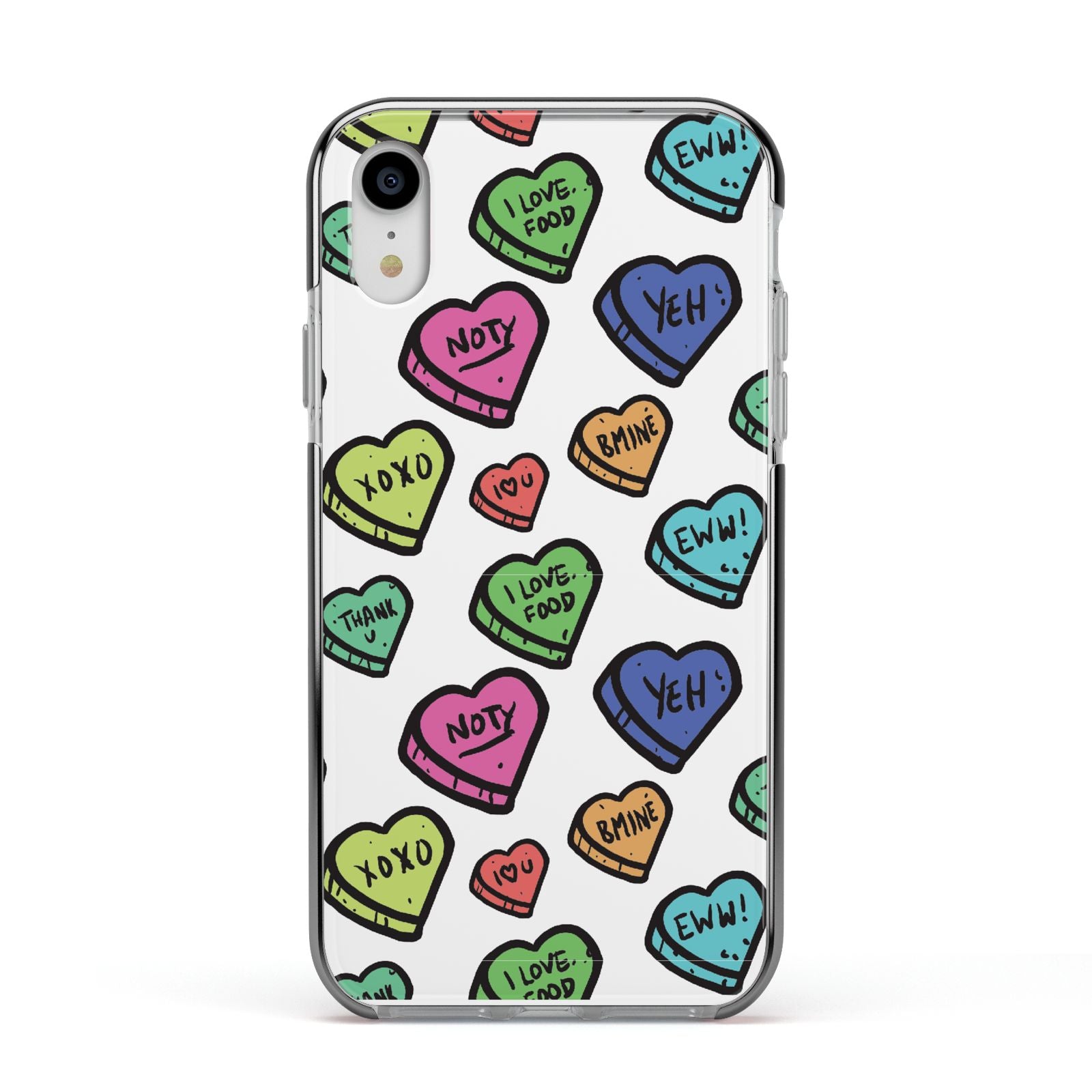 Valentines Love Heart Sweets Apple iPhone XR Impact Case Black Edge on Silver Phone