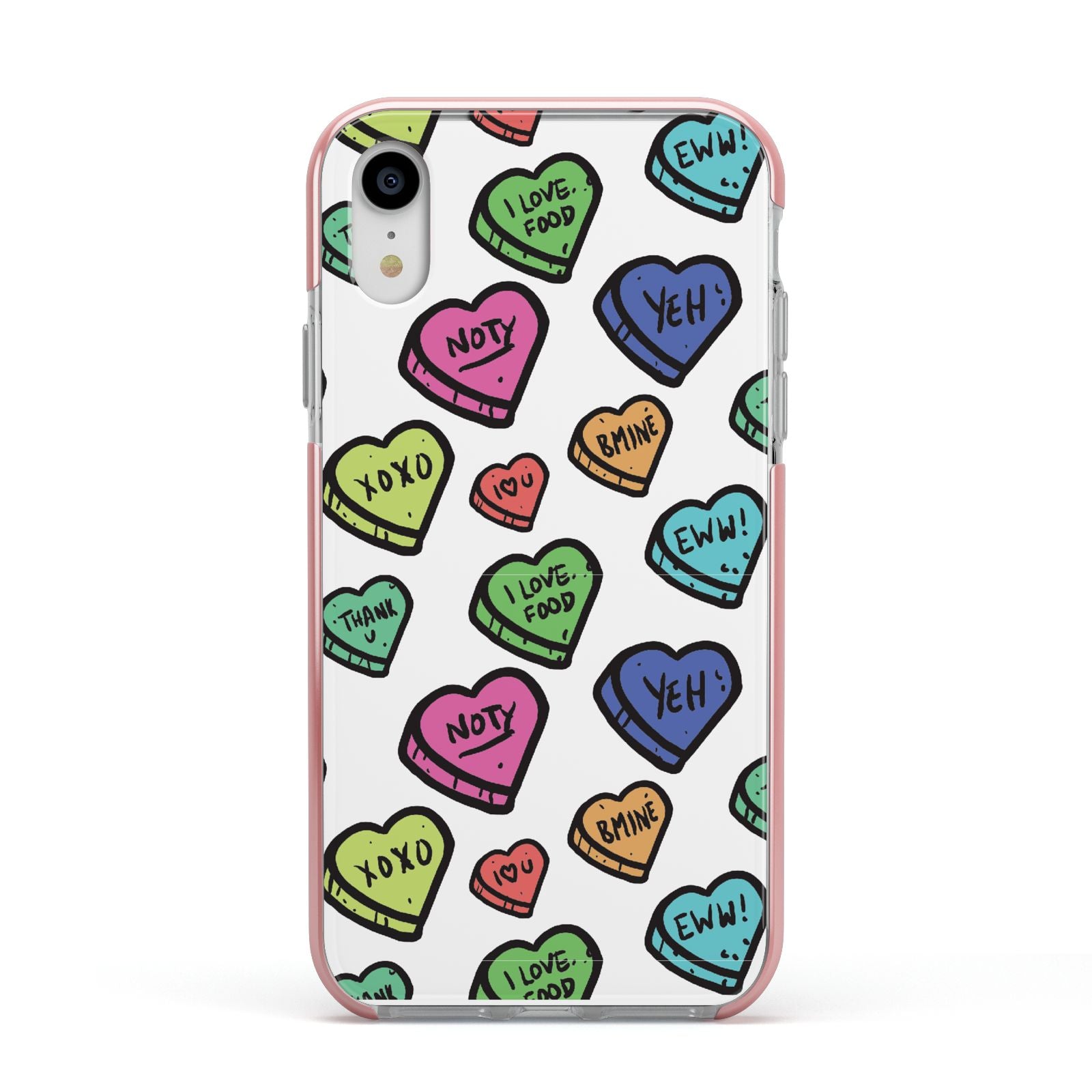 Valentines Love Heart Sweets Apple iPhone XR Impact Case Pink Edge on Silver Phone