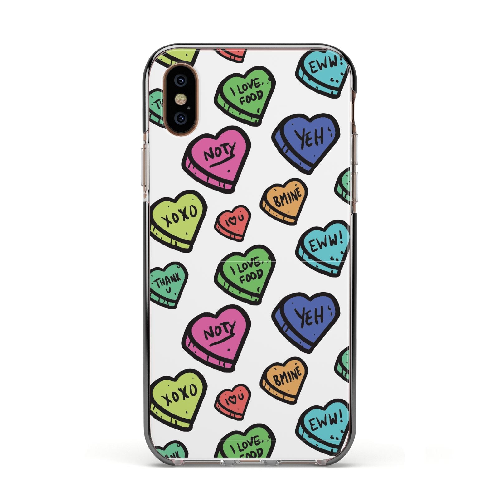 Valentines Love Heart Sweets Apple iPhone Xs Impact Case Black Edge on Gold Phone