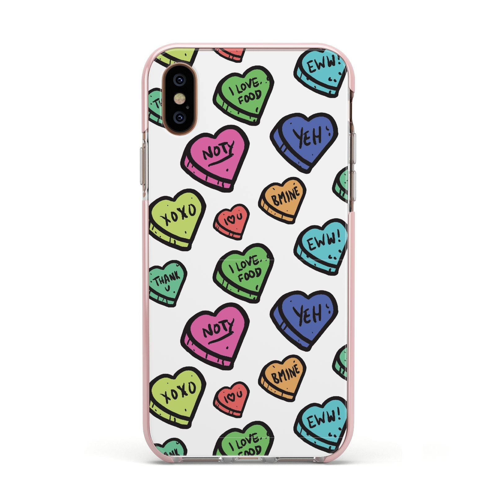 Valentines Love Heart Sweets Apple iPhone Xs Impact Case Pink Edge on Gold Phone