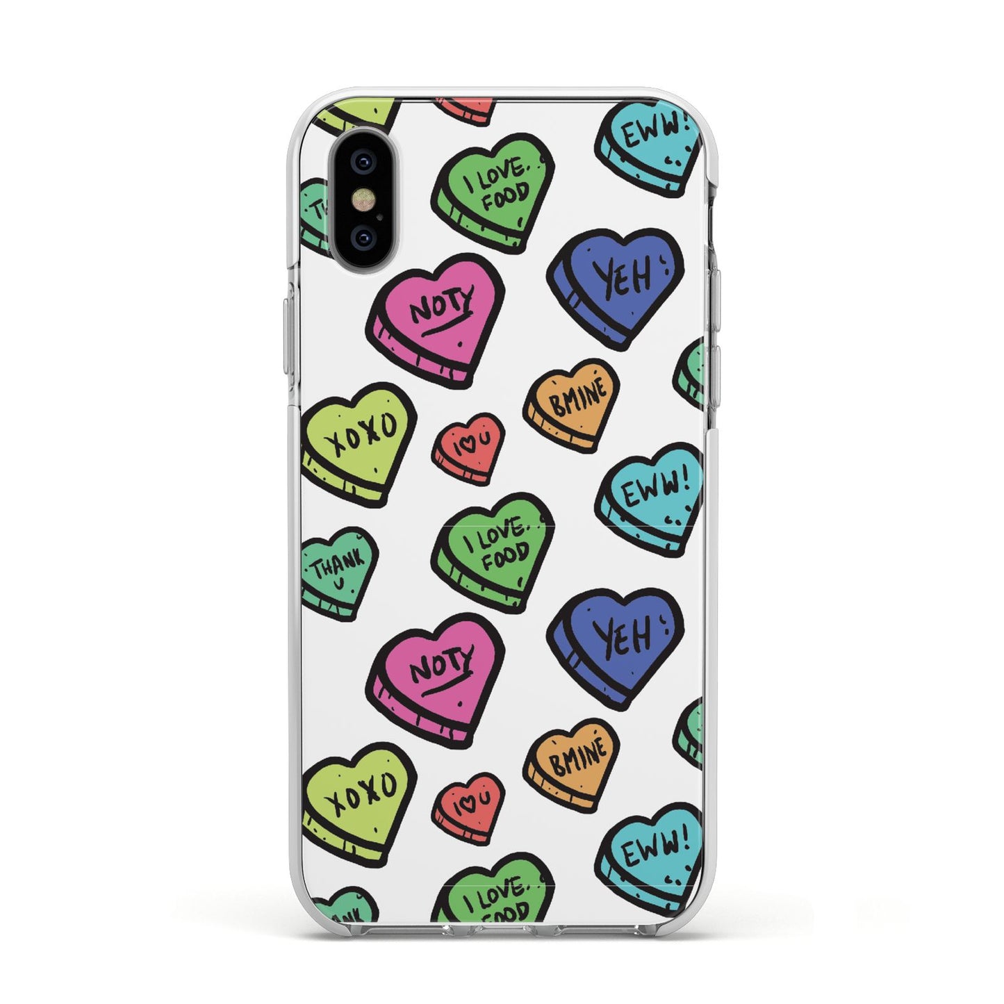 Valentines Love Heart Sweets Apple iPhone Xs Impact Case White Edge on Silver Phone