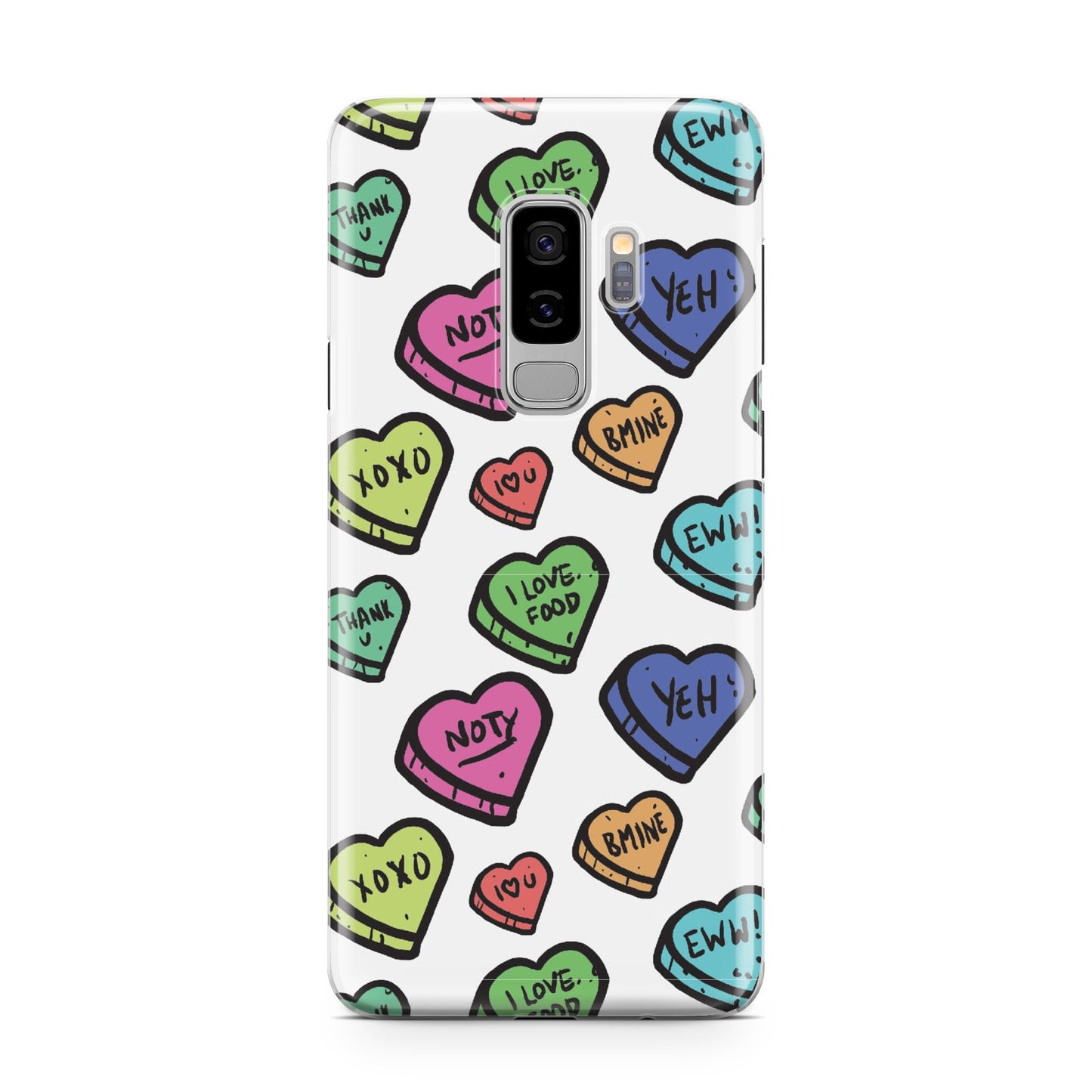 Valentines Love Heart Sweets Samsung Galaxy S9 Plus Case on Silver phone