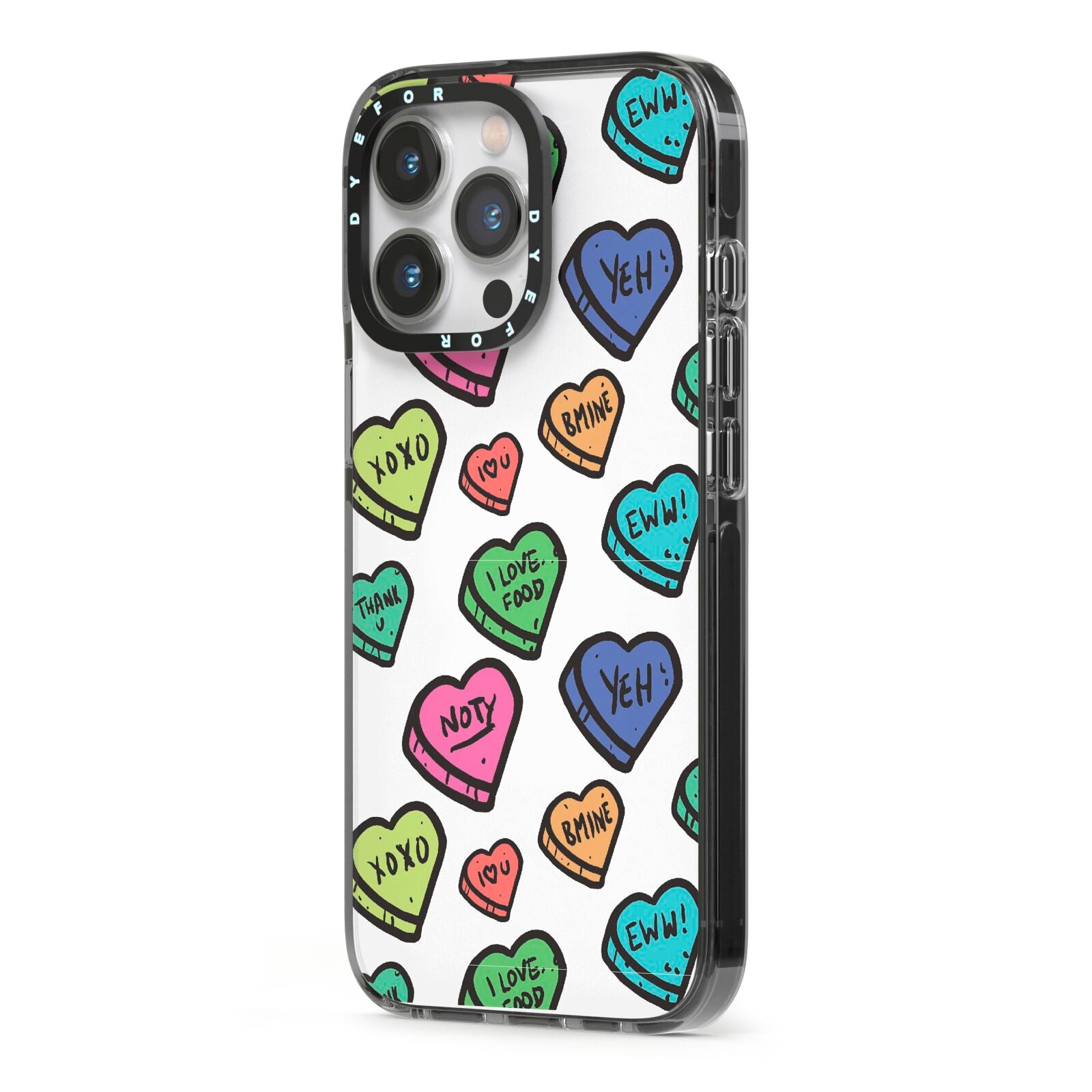 Valentines Love Heart Sweets iPhone 13 Pro Black Impact Case Side Angle on Silver phone