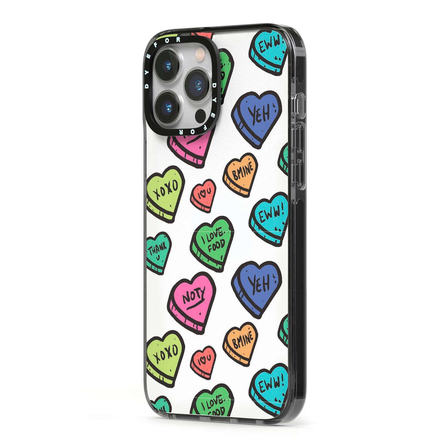 Valentines Love Heart Sweets iPhone 13 Pro Max Black Impact Case Side Angle on Silver phone