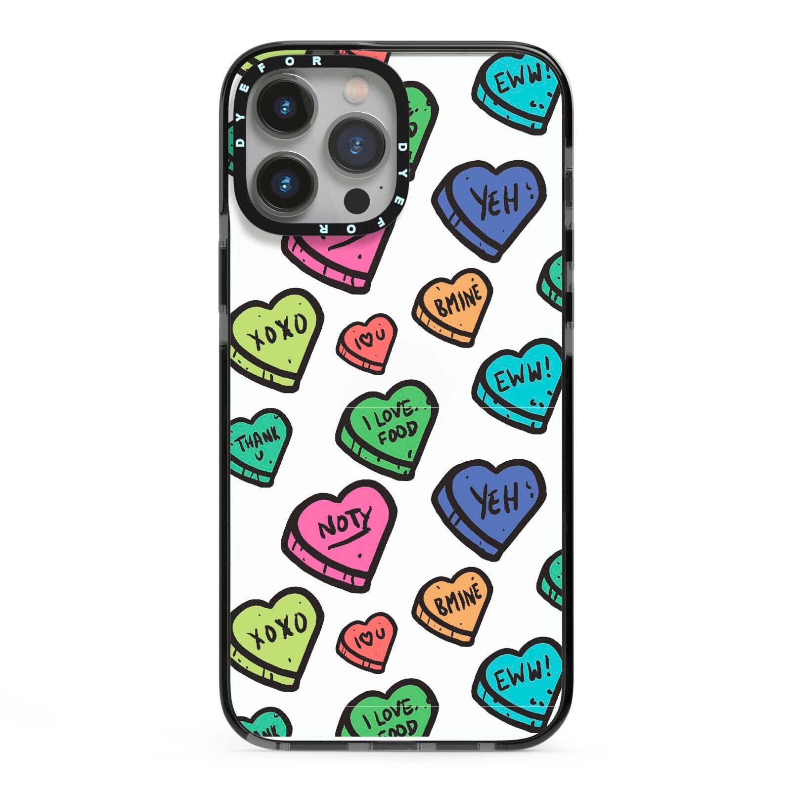 Valentines Love Heart Sweets iPhone 13 Pro Max Black Impact Case on Silver phone