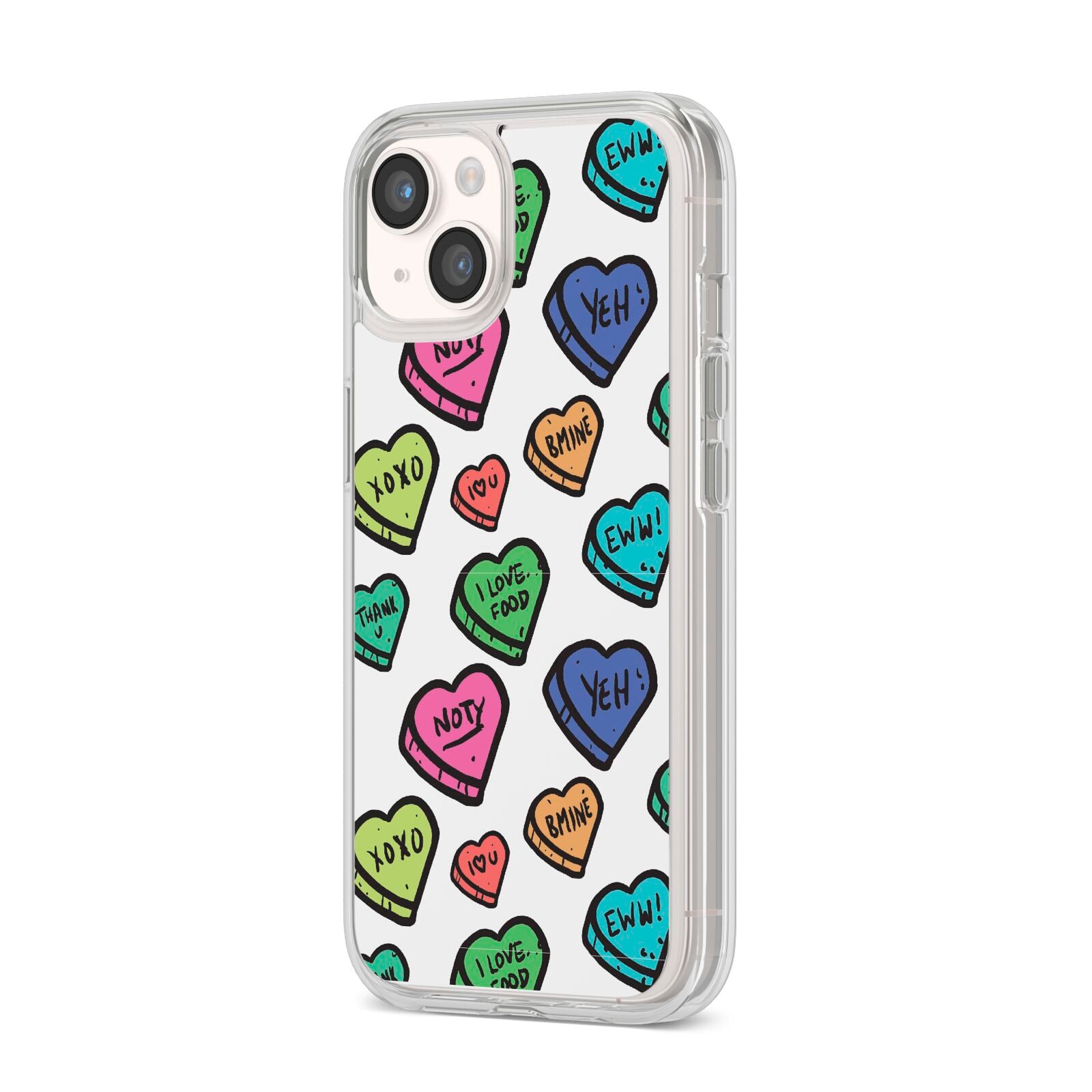 Valentines Love Heart Sweets iPhone 14 Clear Tough Case Starlight Angled Image