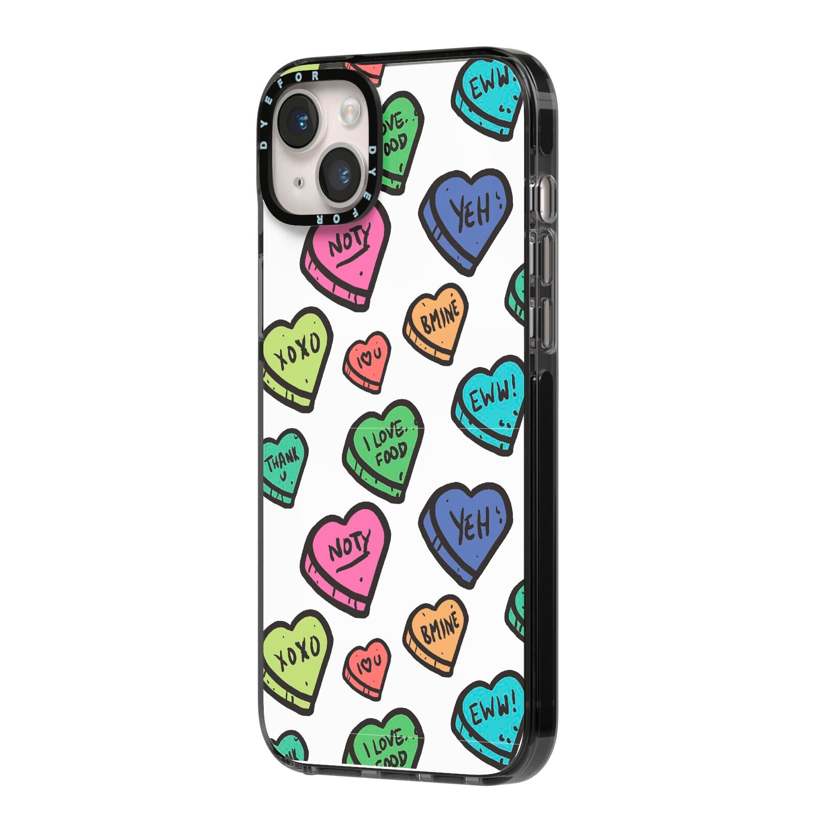 Valentines Love Heart Sweets iPhone 14 Plus Black Impact Case Side Angle on Silver phone