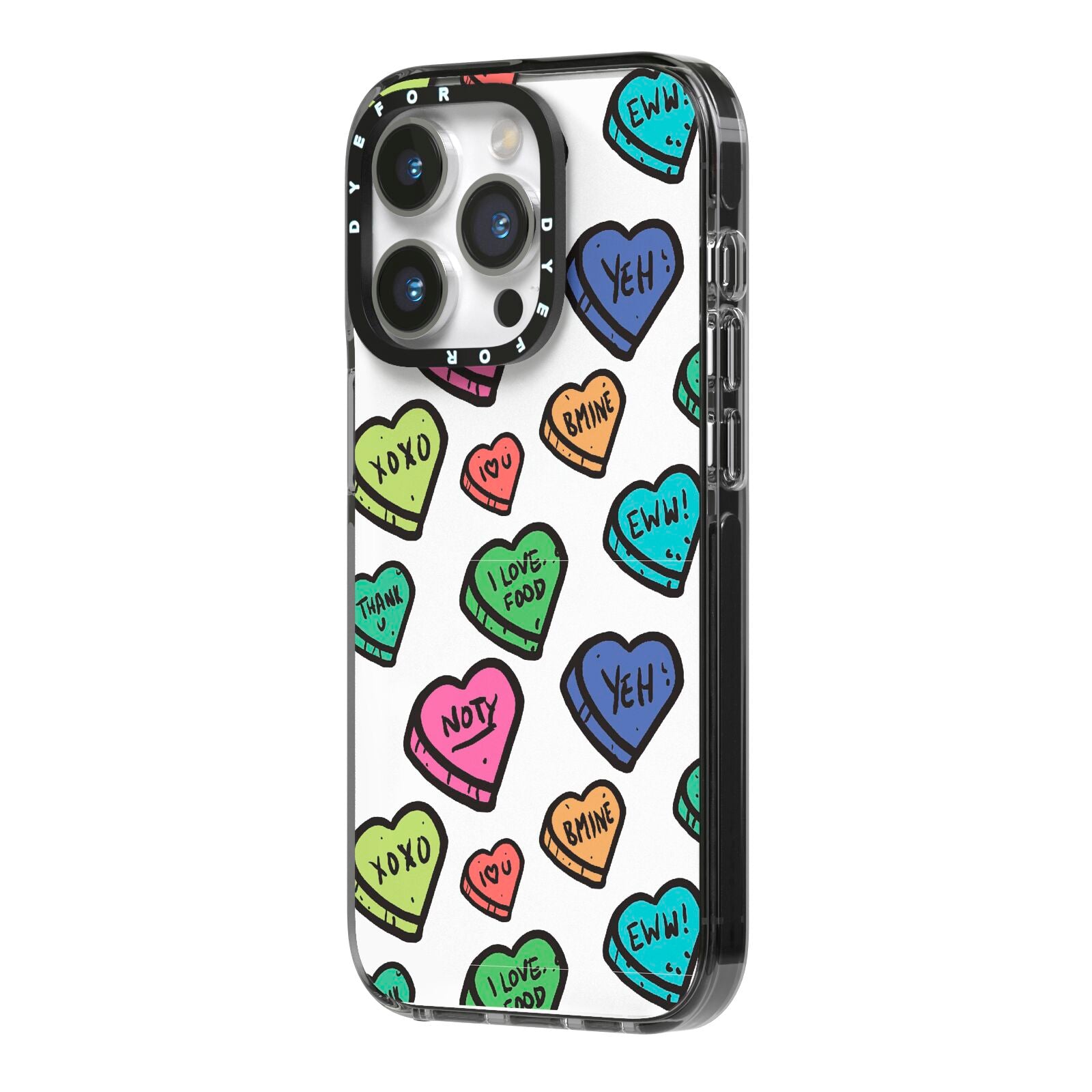 Valentines Love Heart Sweets iPhone 14 Pro Black Impact Case Side Angle on Silver phone