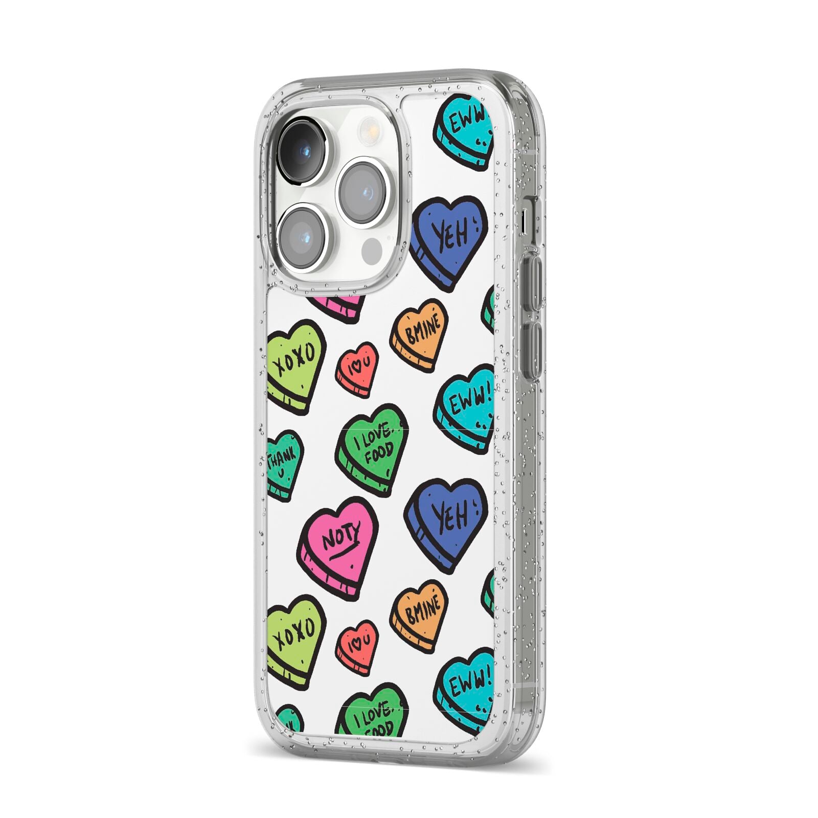 Valentines Love Heart Sweets iPhone 14 Pro Glitter Tough Case Silver Angled Image