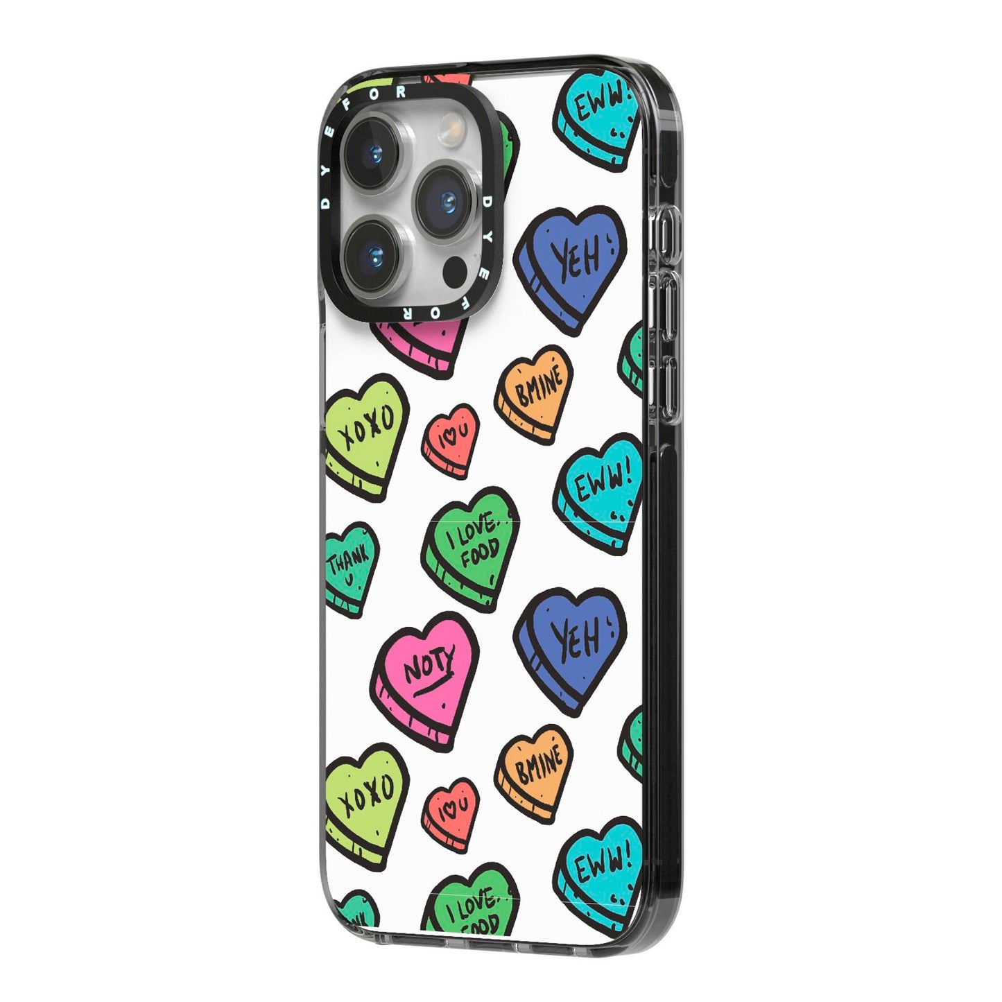 Valentines Love Heart Sweets iPhone 14 Pro Max Black Impact Case Side Angle on Silver phone