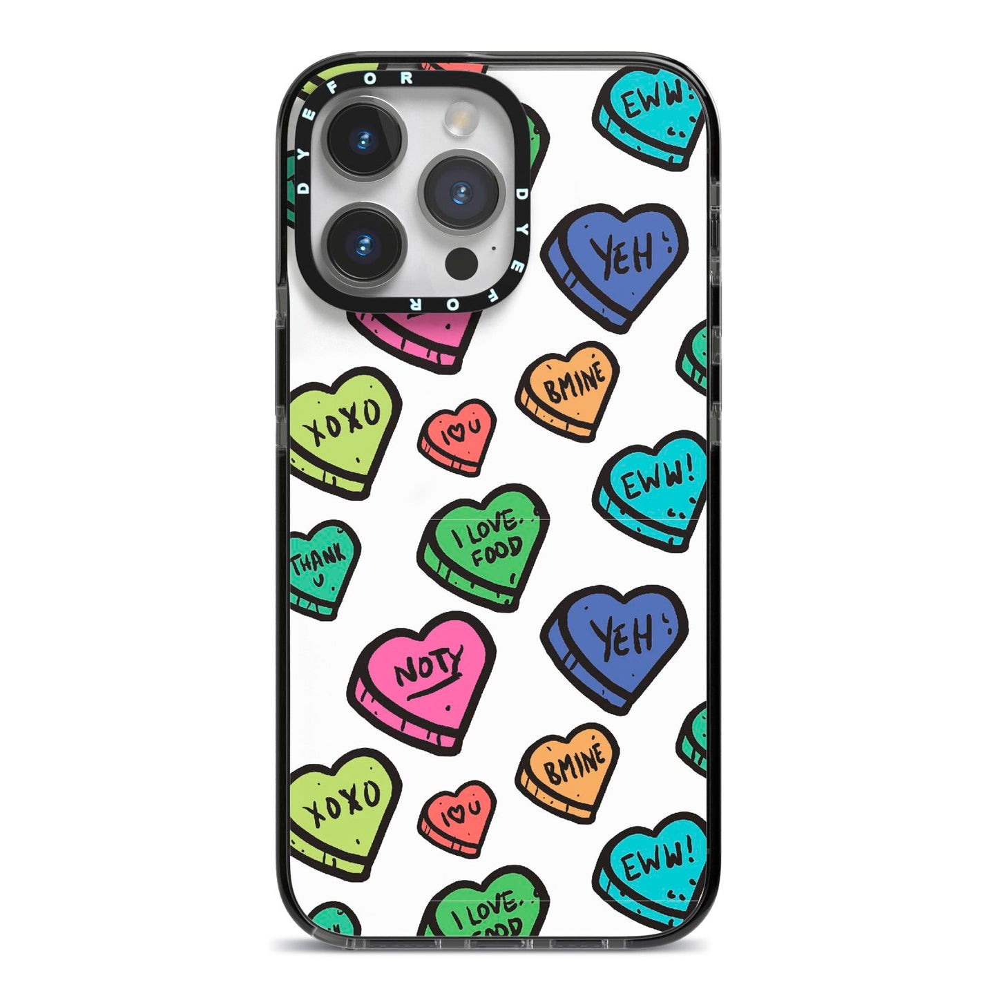 Valentines Love Heart Sweets iPhone 14 Pro Max Black Impact Case on Silver phone