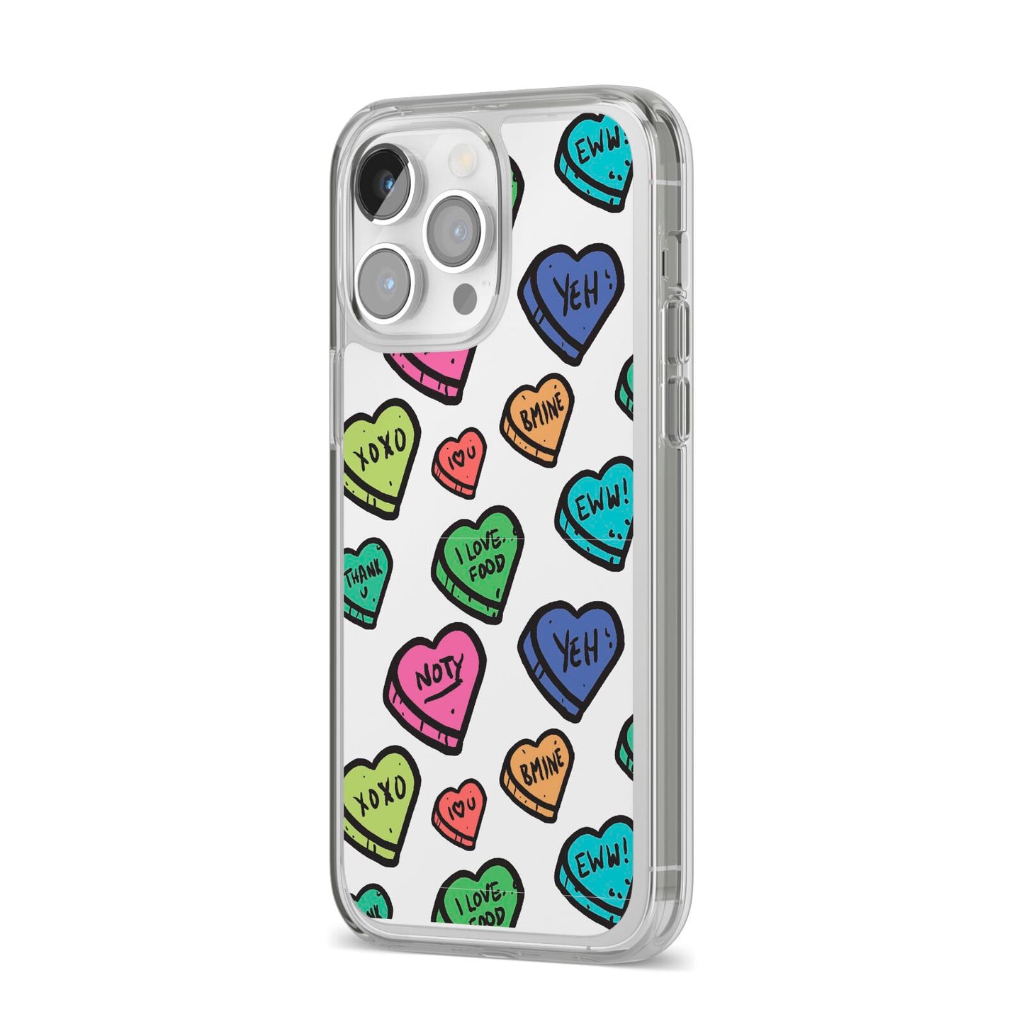Valentines Love Heart Sweets iPhone 14 Pro Max Clear Tough Case Silver Angled Image
