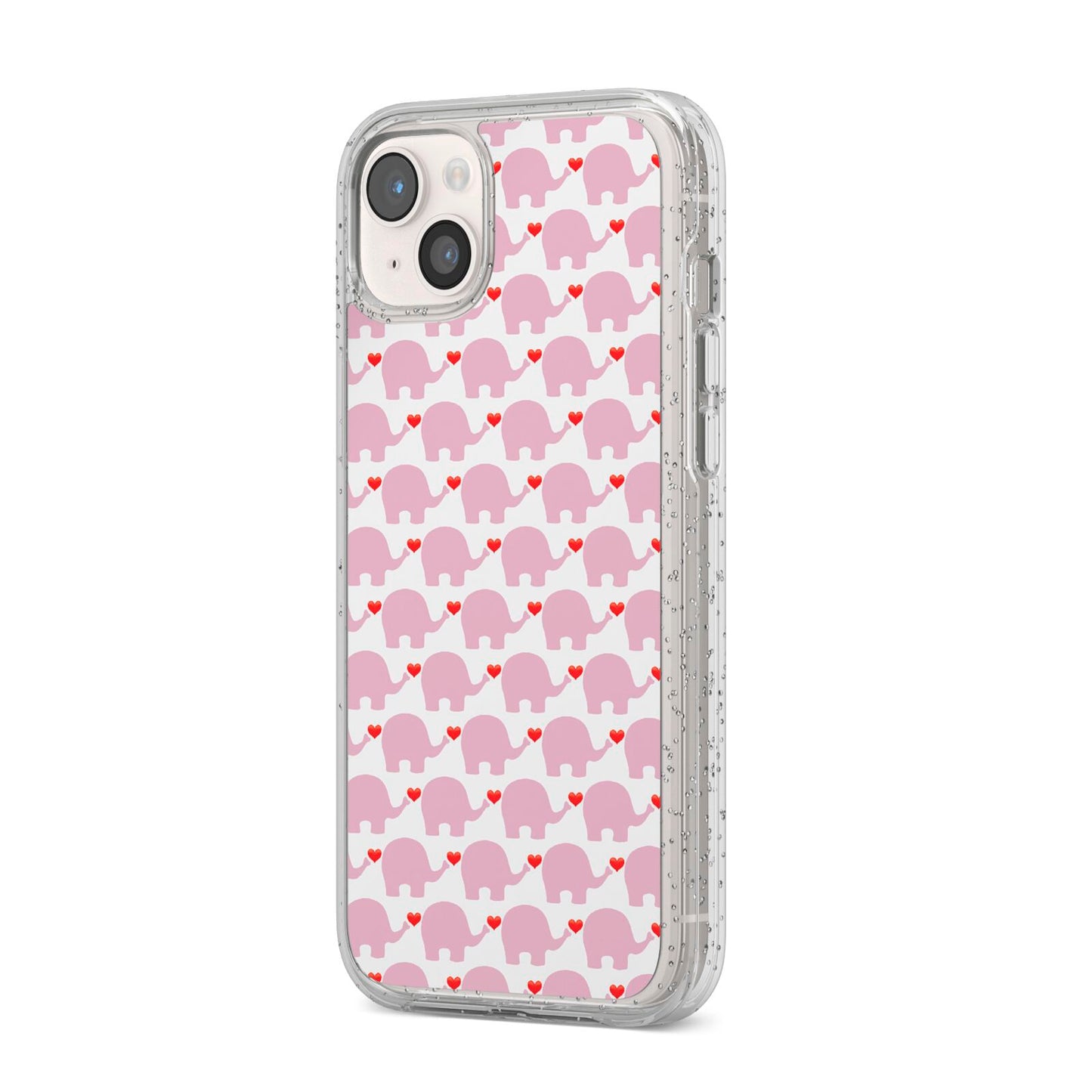 Valentines Pink Elephants iPhone 14 Plus Glitter Tough Case Starlight Angled Image