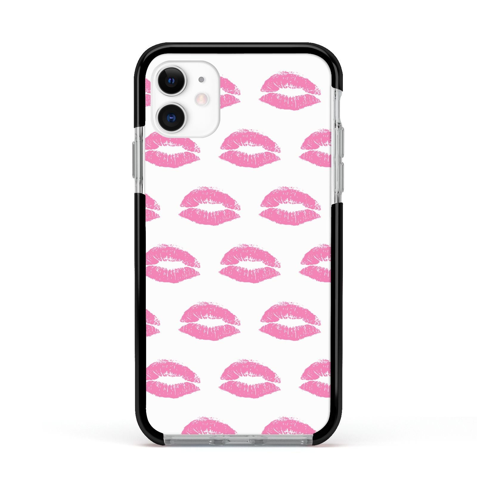 Valentines Pink Kisses Lips Apple iPhone 11 in White with Black Impact Case