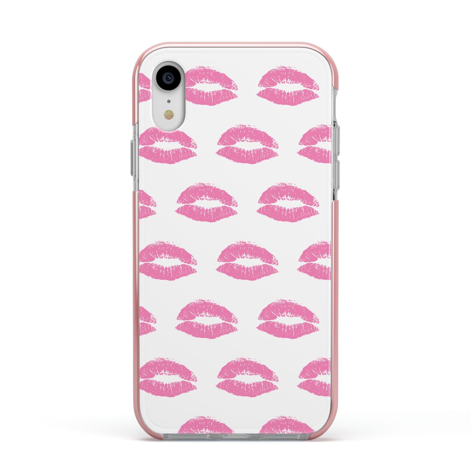 Valentines Pink Kisses Lips Apple iPhone XR Impact Case Pink Edge on Silver Phone