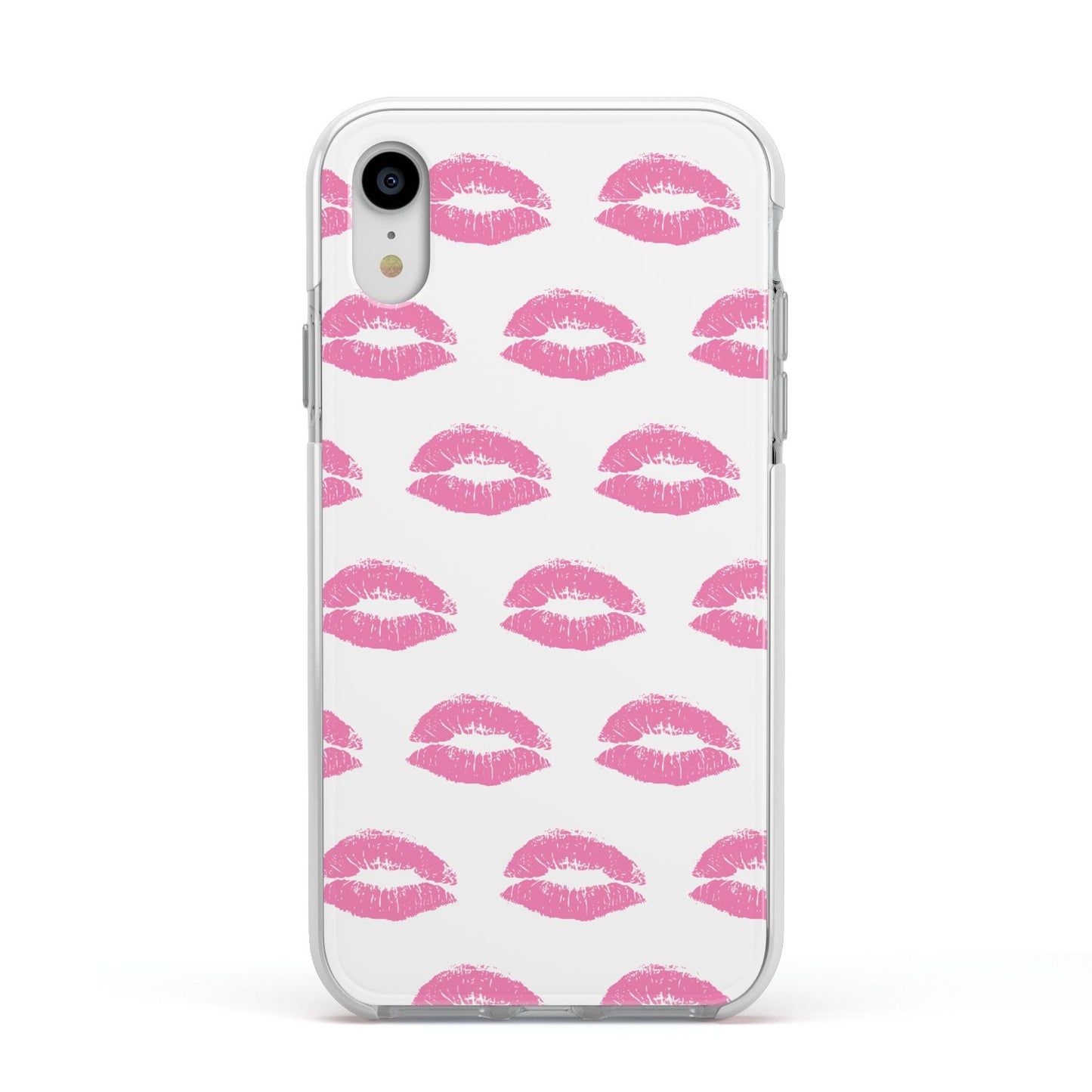 Valentines Pink Kisses Lips Apple iPhone XR Impact Case White Edge on Silver Phone