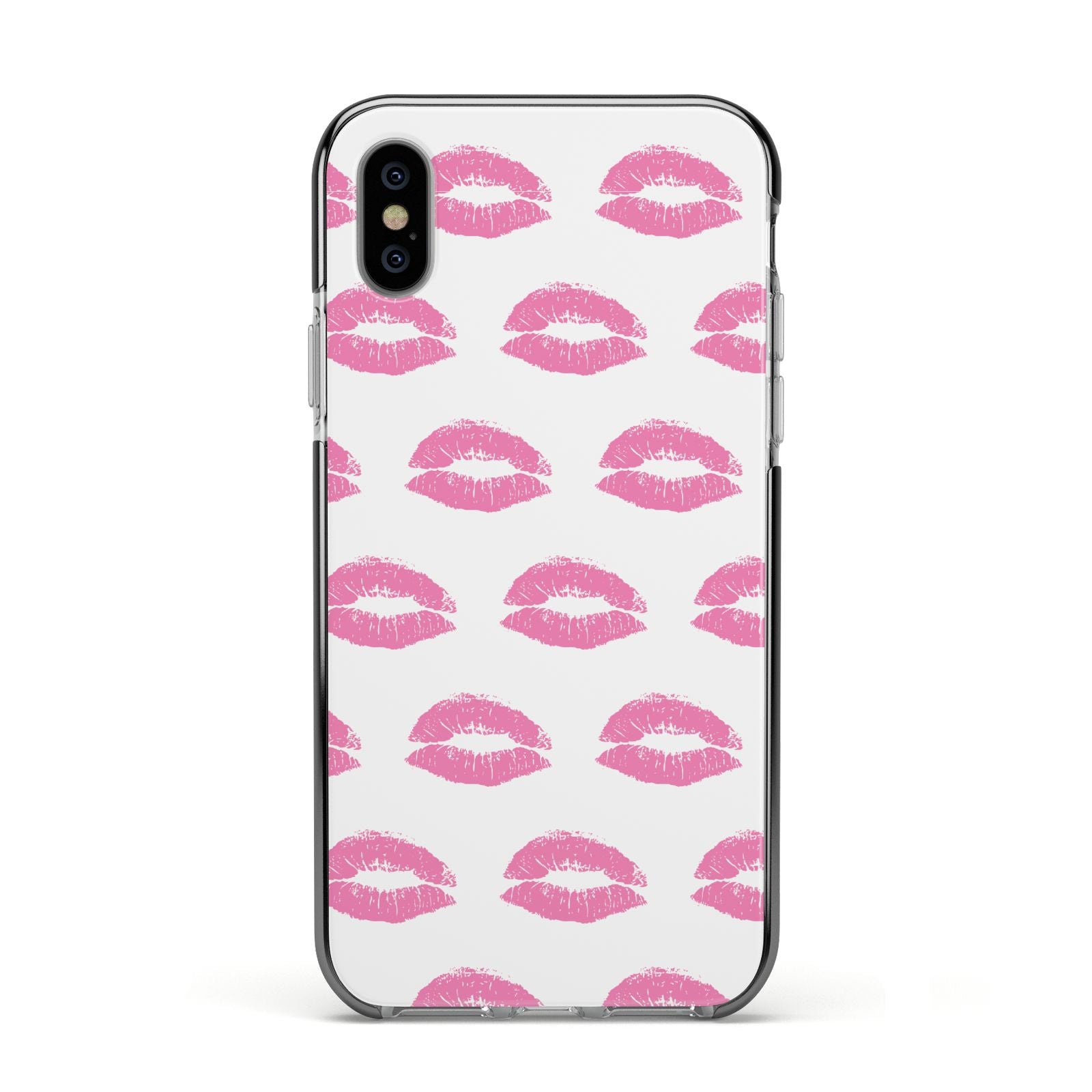 Valentines Pink Kisses Lips Apple iPhone Xs Impact Case Black Edge on Silver Phone