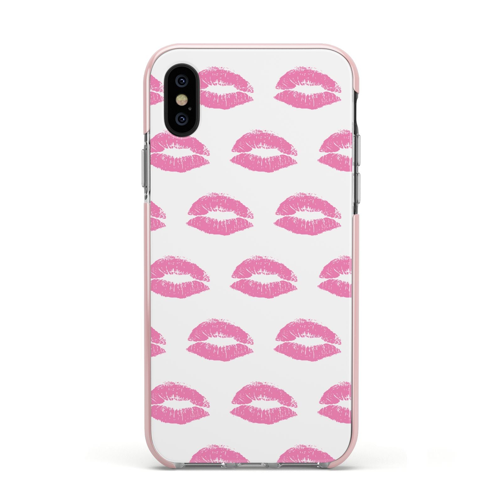 Valentines Pink Kisses Lips Apple iPhone Xs Impact Case Pink Edge on Black Phone