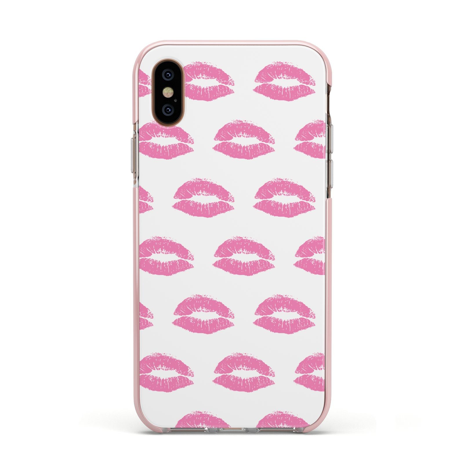 Valentines Pink Kisses Lips Apple iPhone Xs Impact Case Pink Edge on Gold Phone