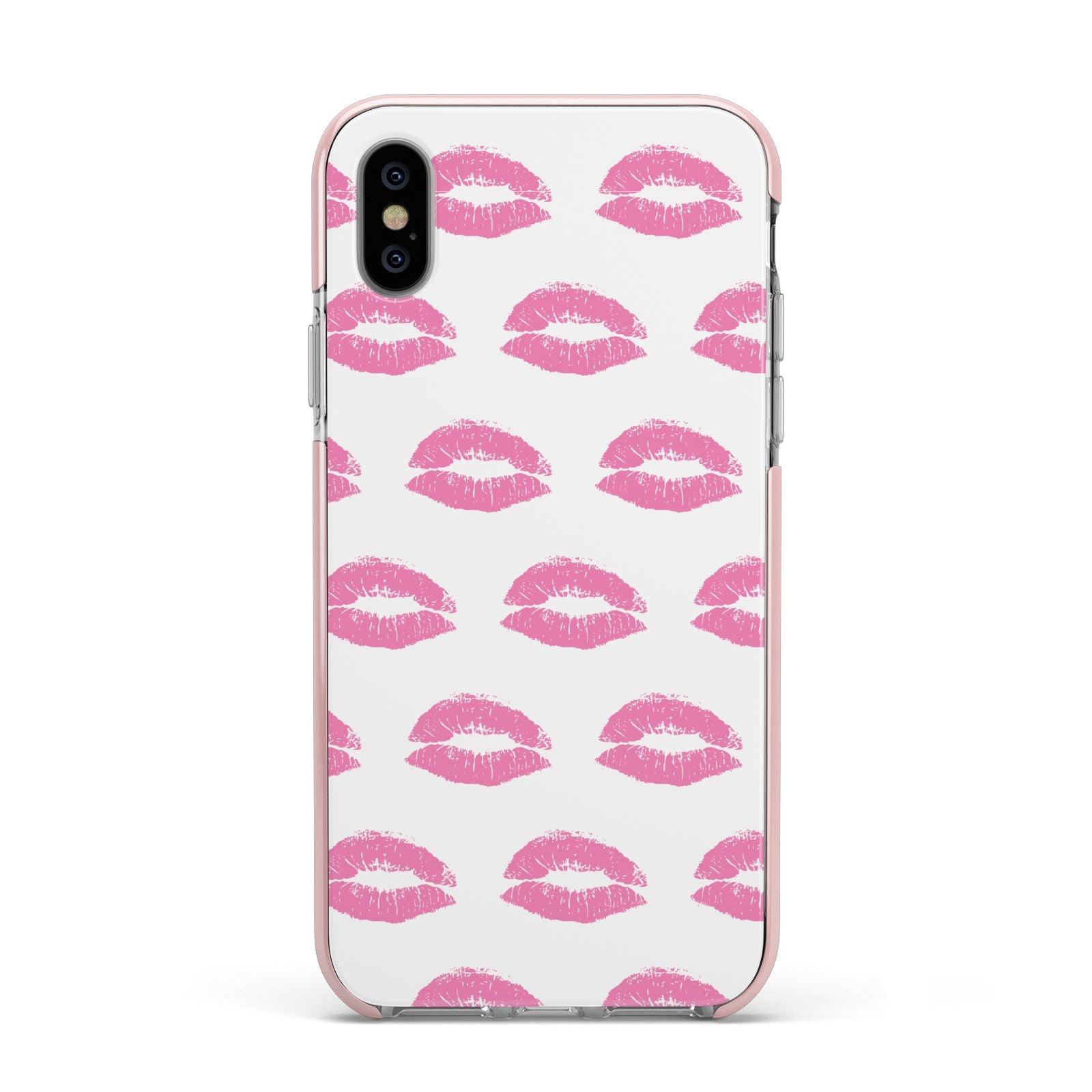 Valentines Pink Kisses Lips Apple iPhone Xs Impact Case Pink Edge on Silver Phone