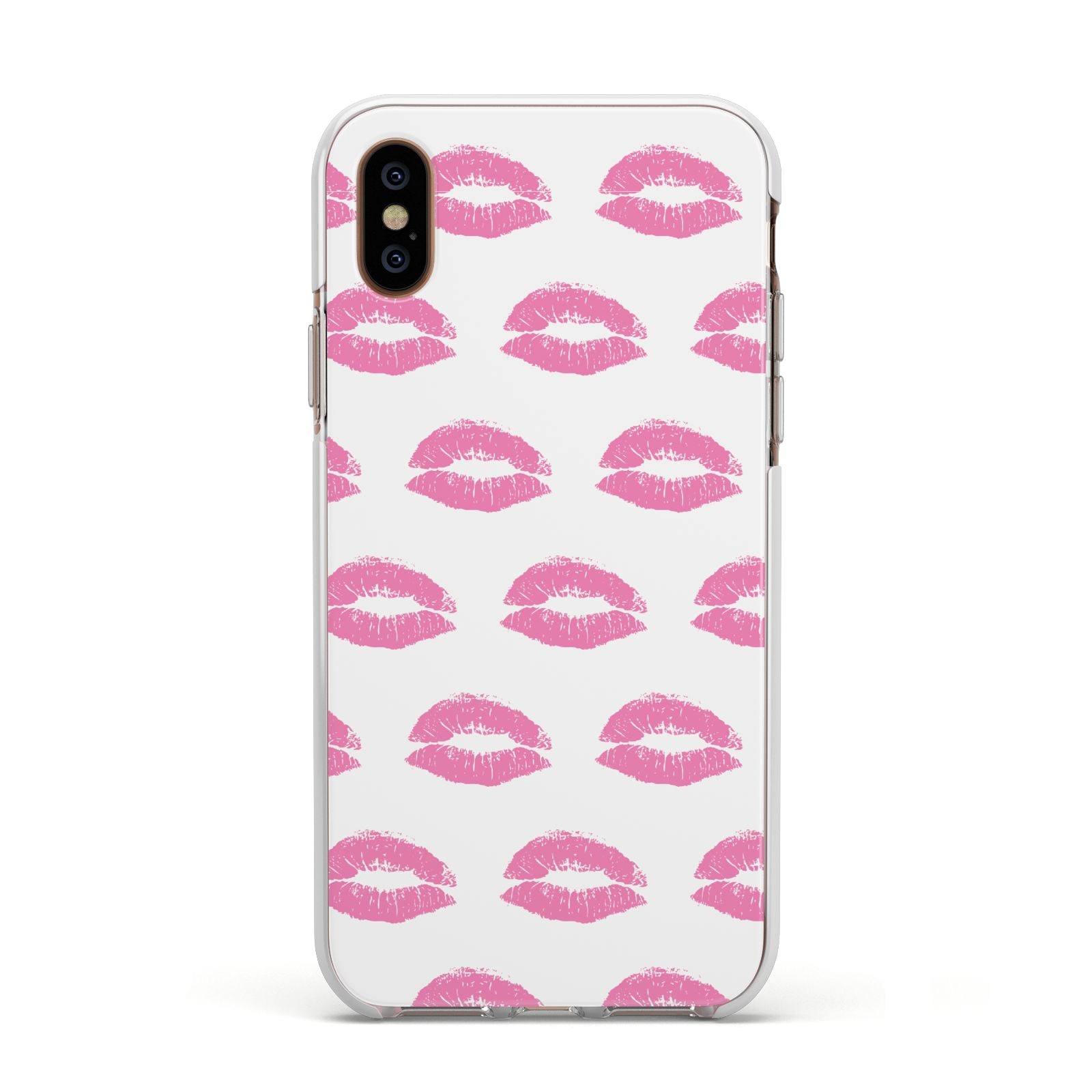 Valentines Pink Kisses Lips Apple iPhone Xs Impact Case White Edge on Gold Phone